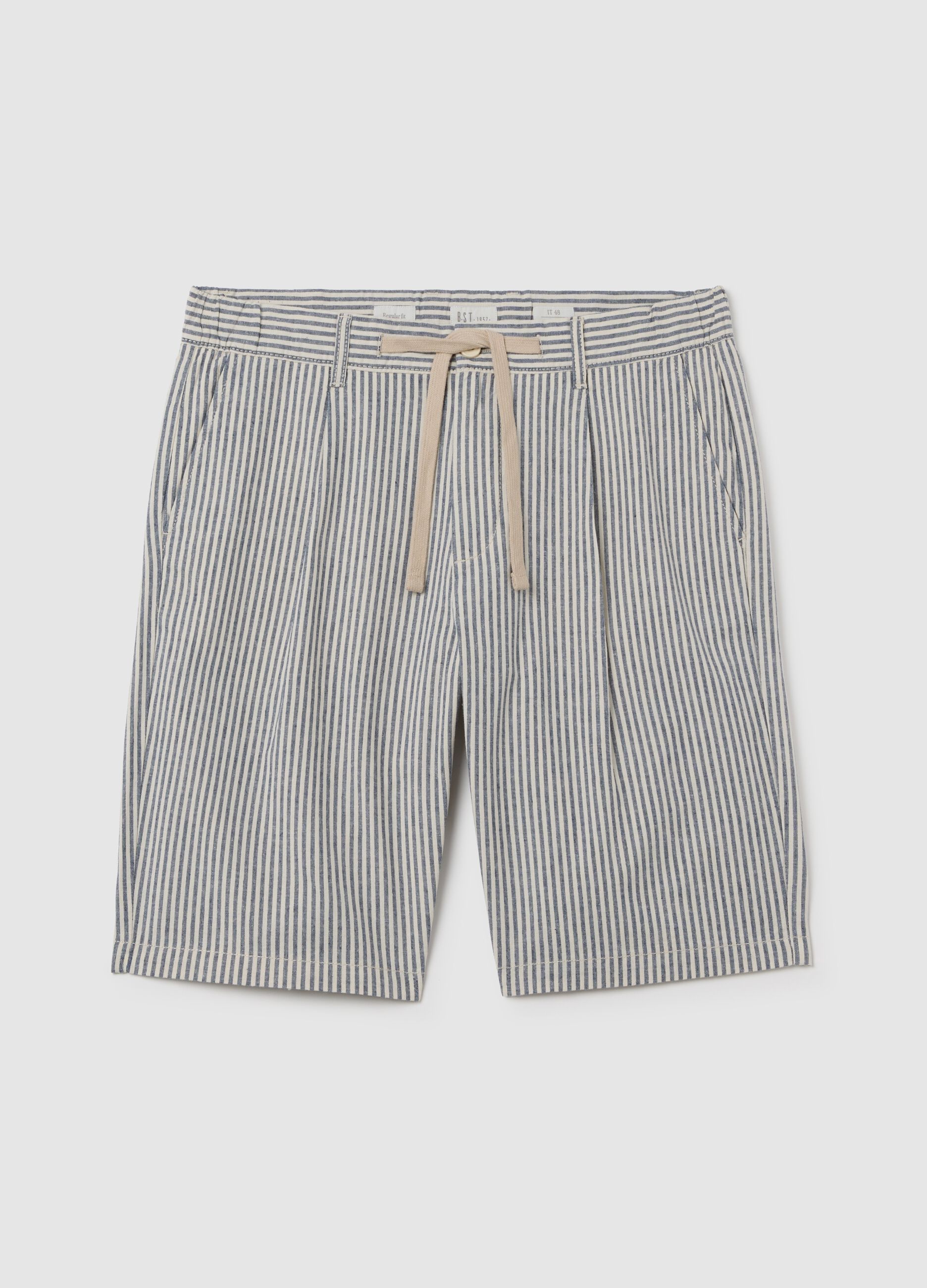 Men's multicolour cotton and linen regular fit shorts with drawstring