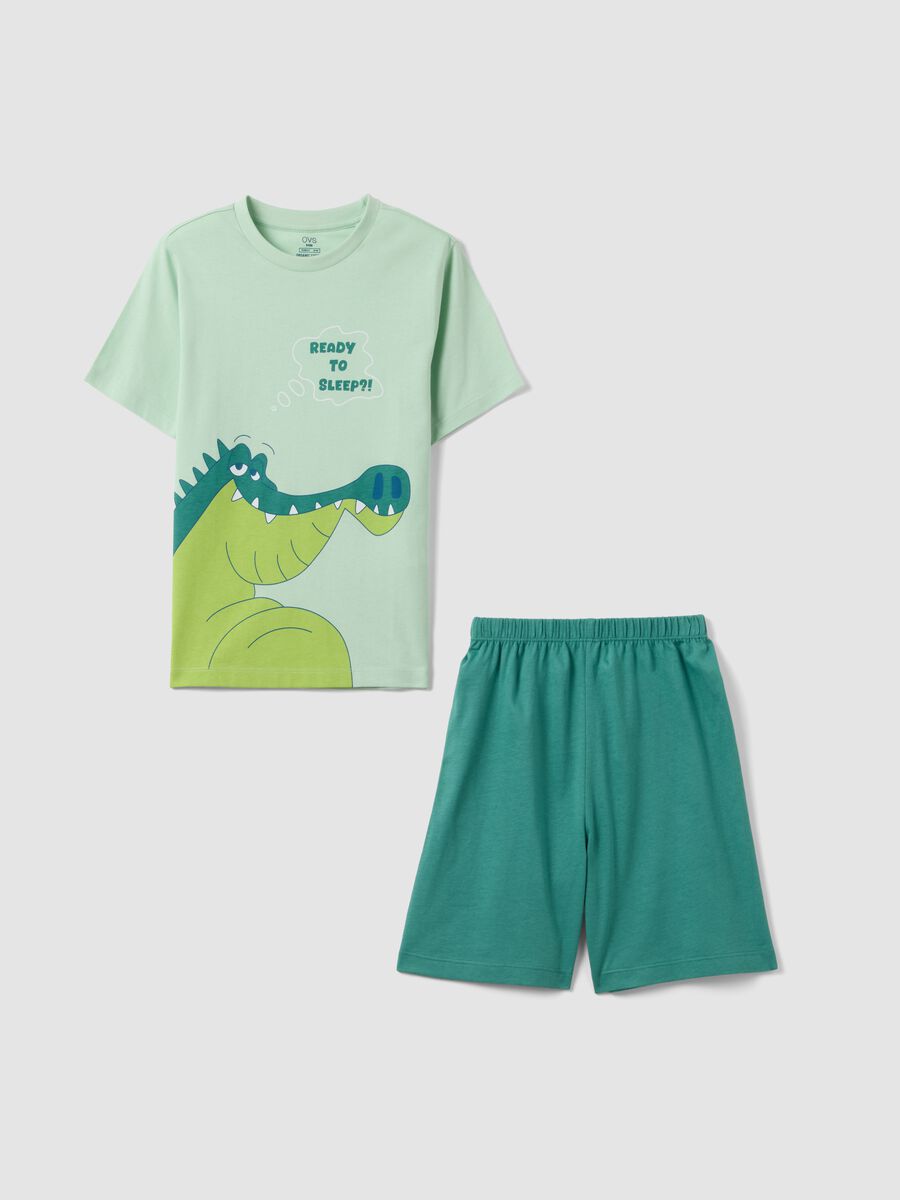 Pigiama in puro cotone verde da bambino regular fit con stampa_0