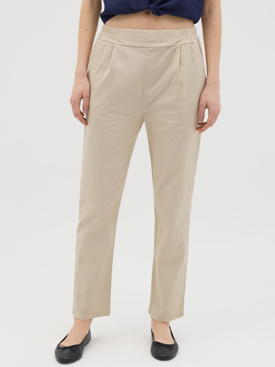 Beige cigarette trousers with elastic waistband_1