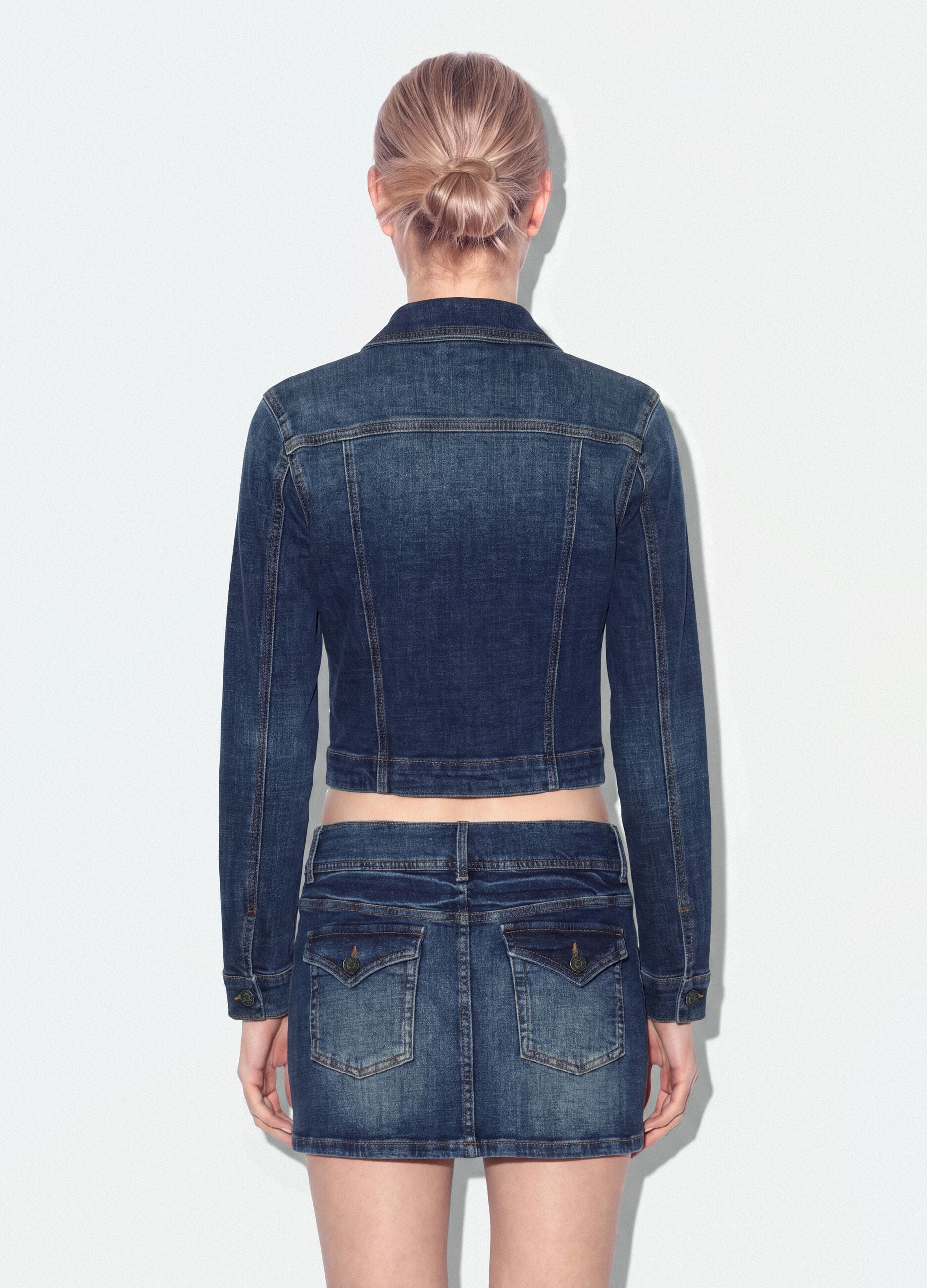 Blue slim-fit jacket in stretch cotton denim with zip