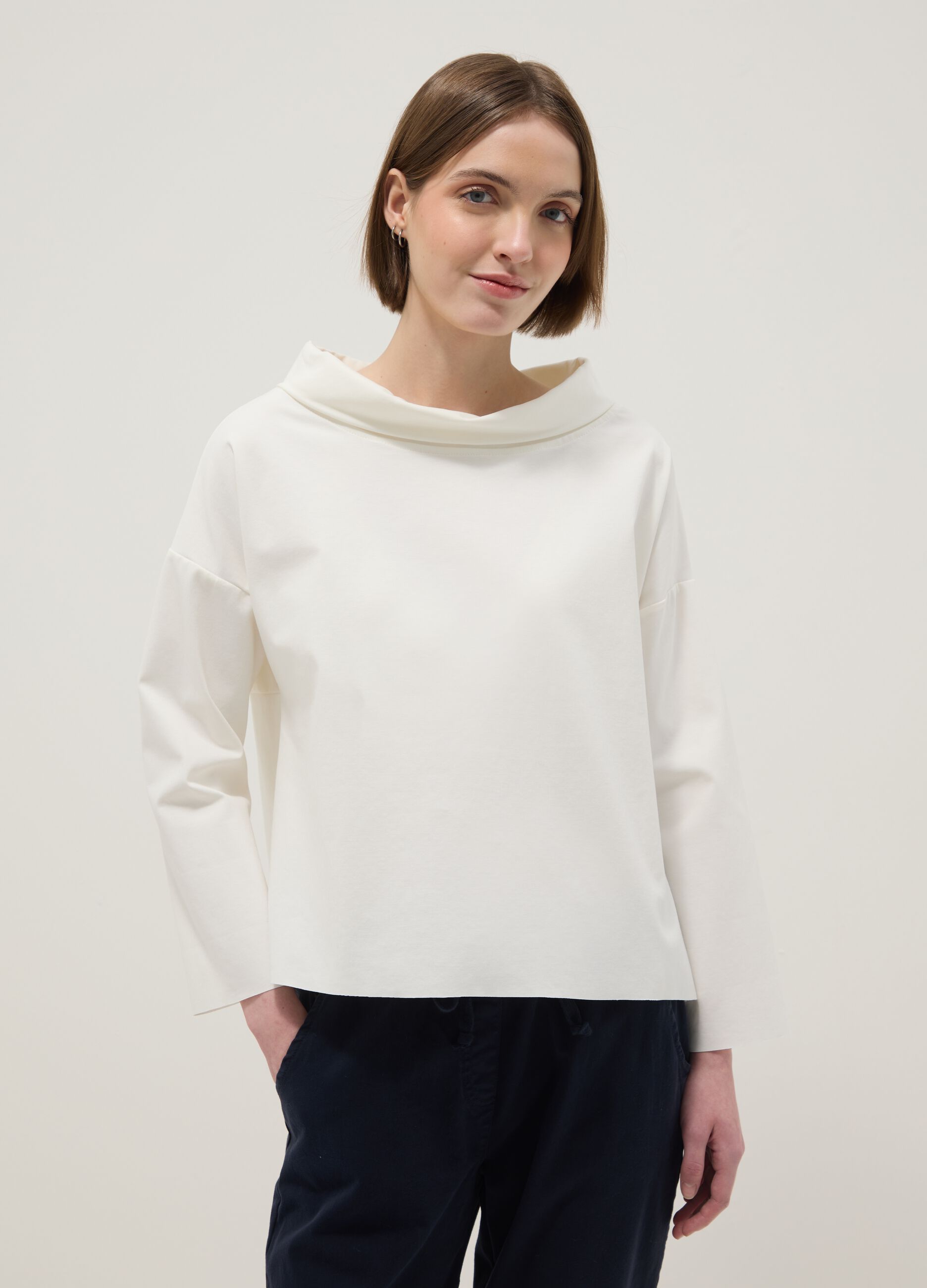 White regular fit stretch cotton blend jumper with wide neckline