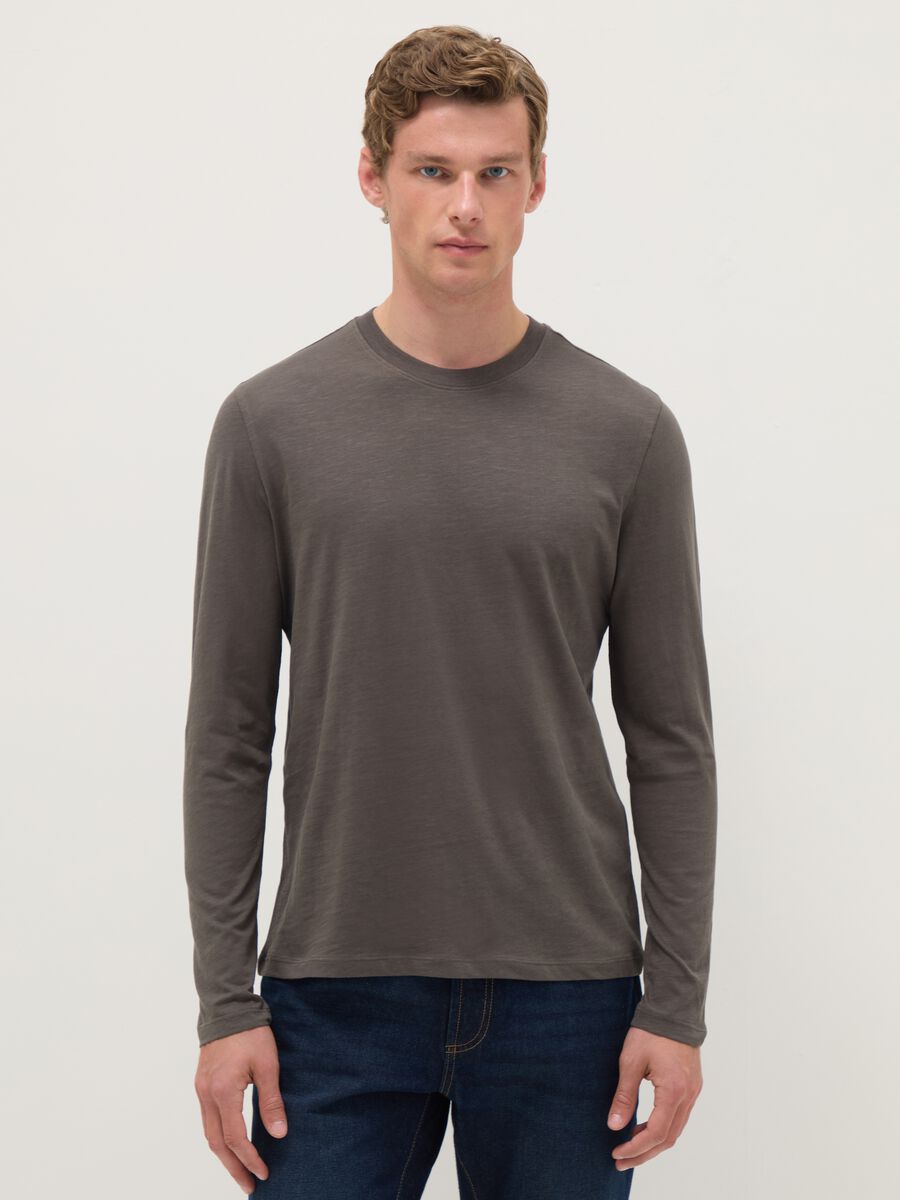Grey long-sleeve pure cotton regular fit T-shirt_0
