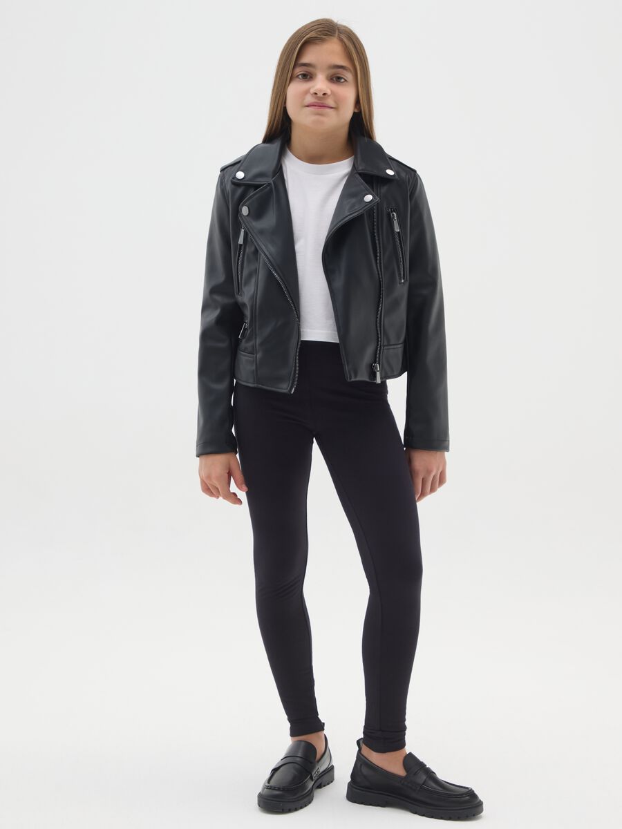 Leggings skinny neri da ragazza in cotone elasticizzato_0