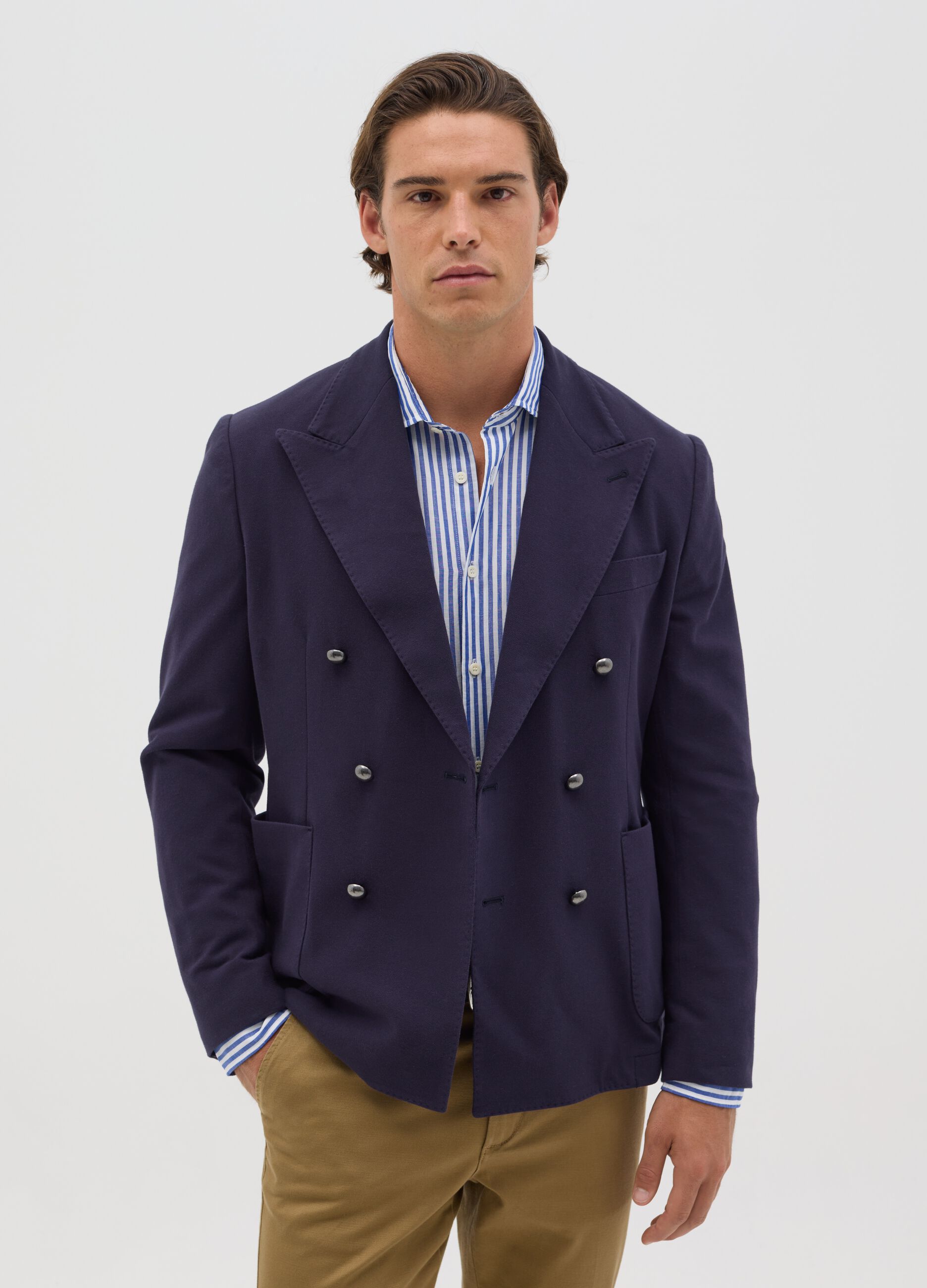 Blazer da uomo in cotone elasticizzato blu slim fit