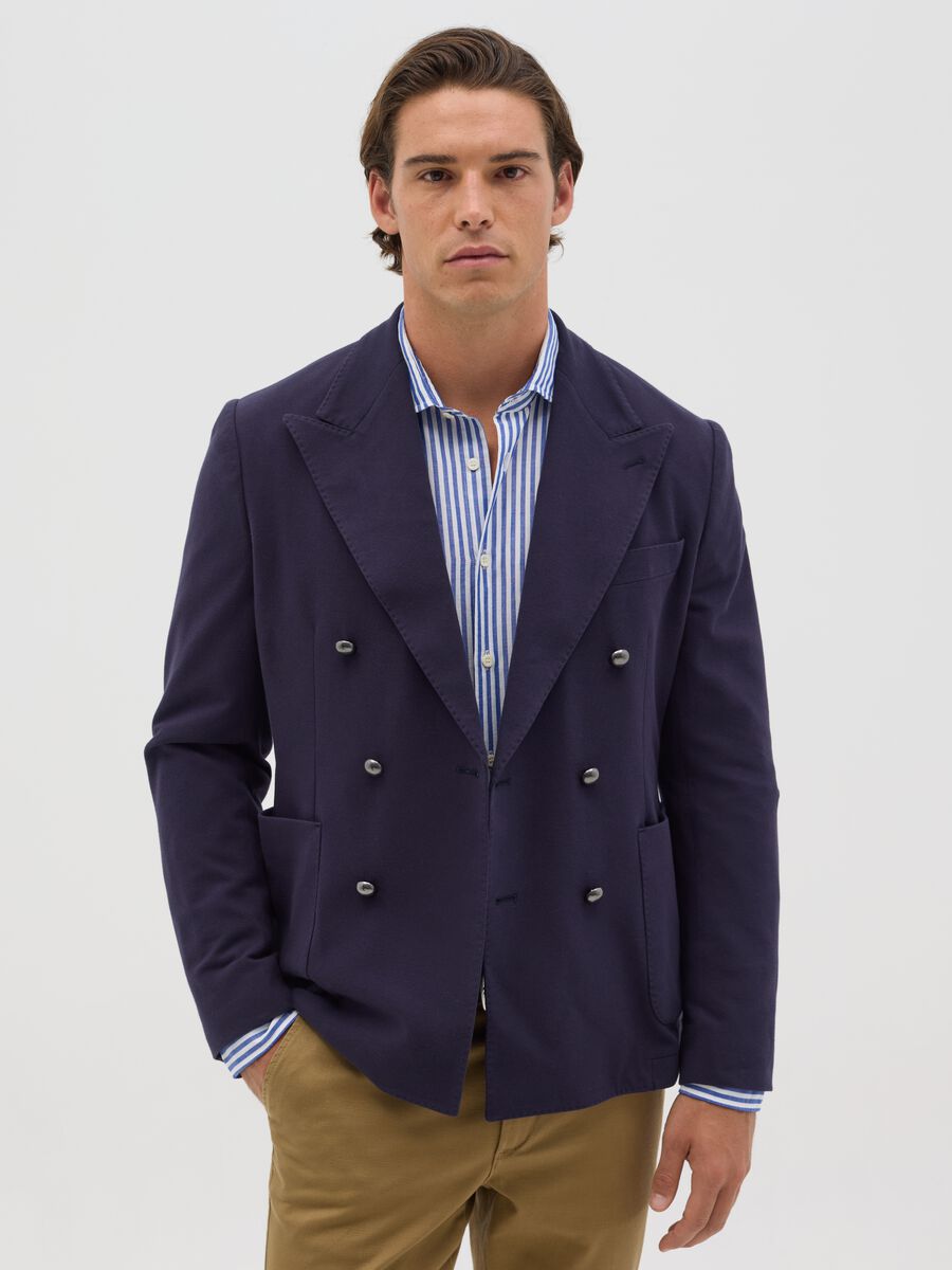 Double-breasted blue blazer in stretch cotton_0