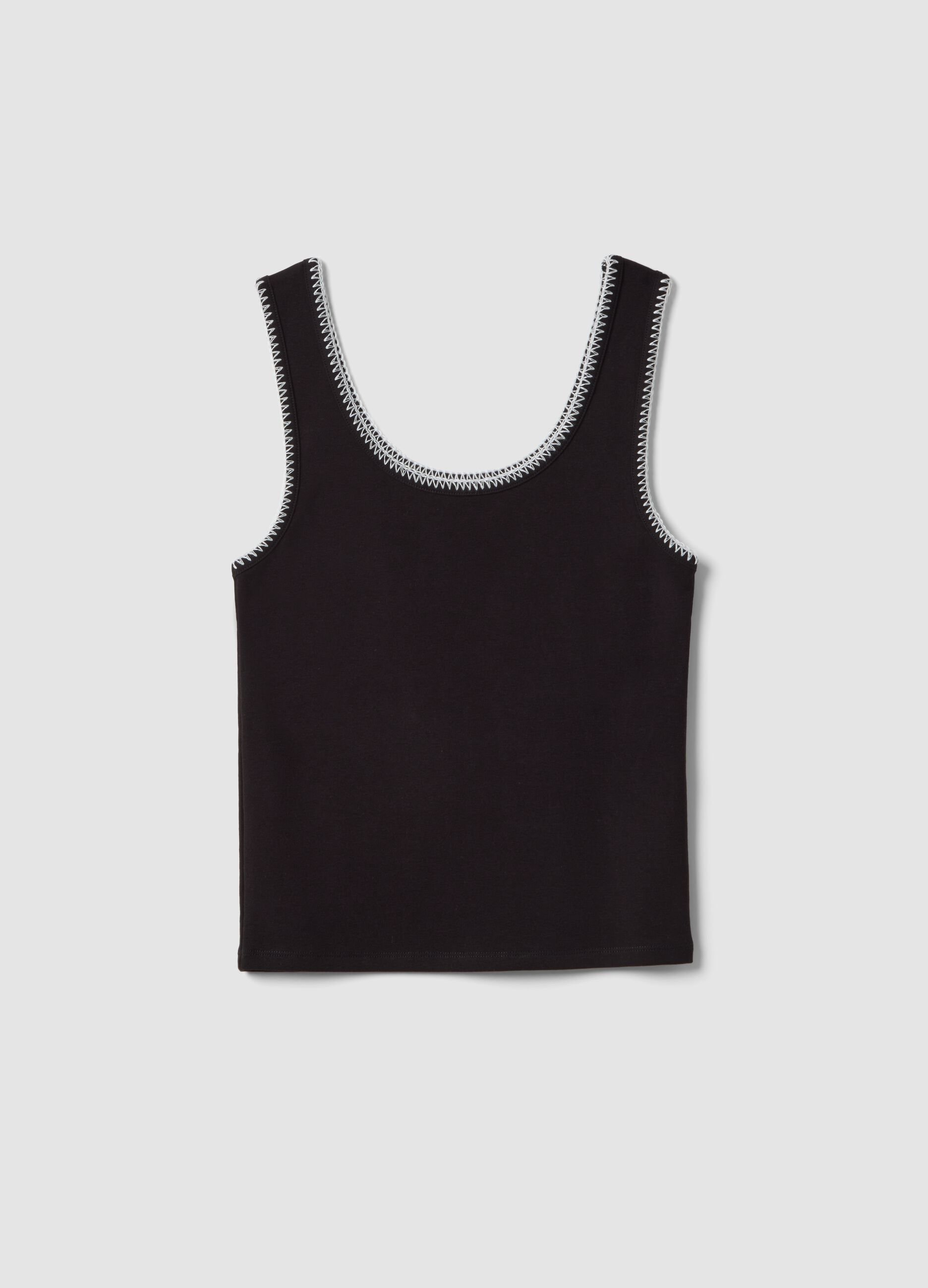 Black stretch cotton tank top with contrast trim, regular fit