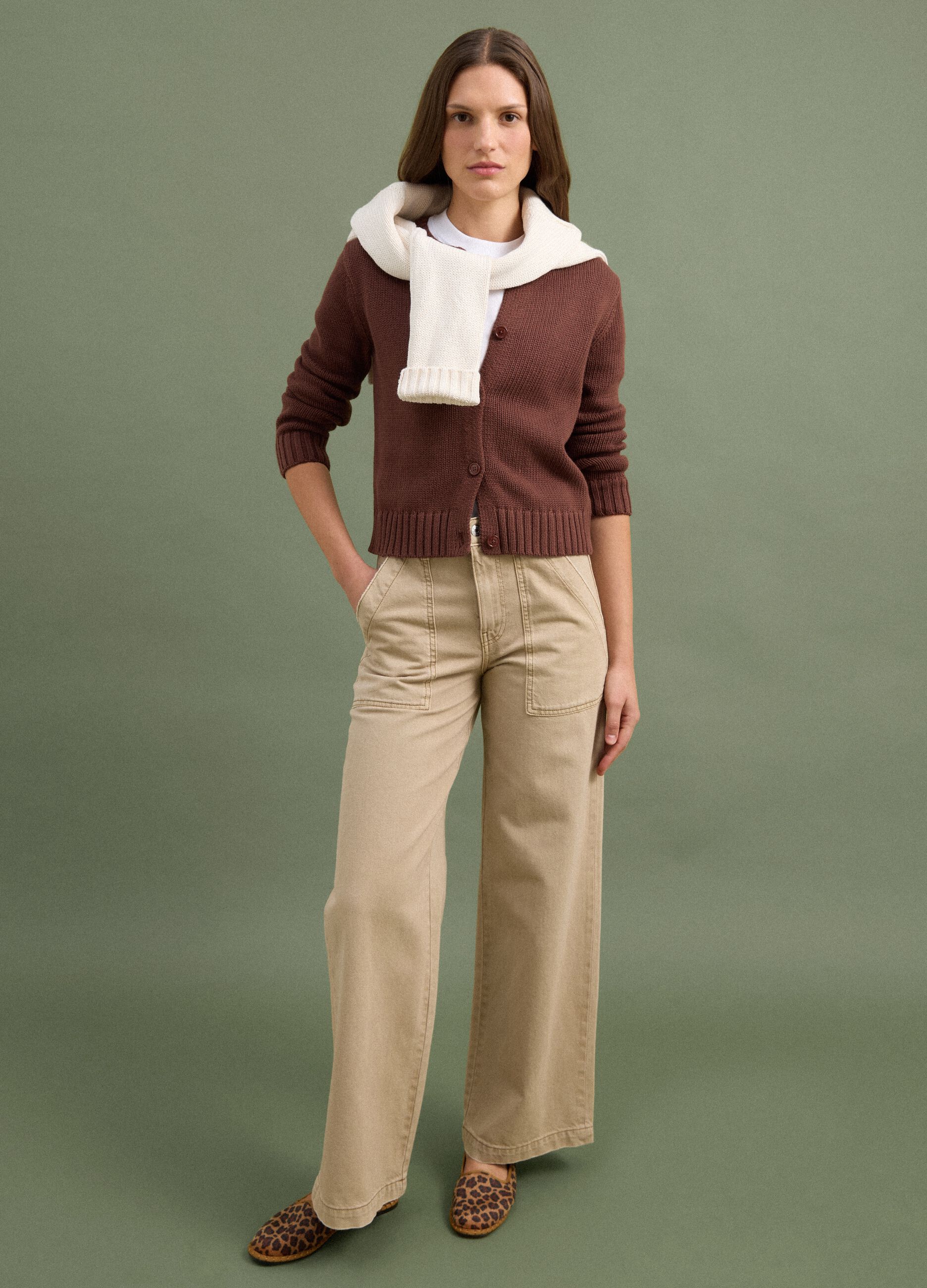 Brown pure cotton button-up cardigan, regular fit