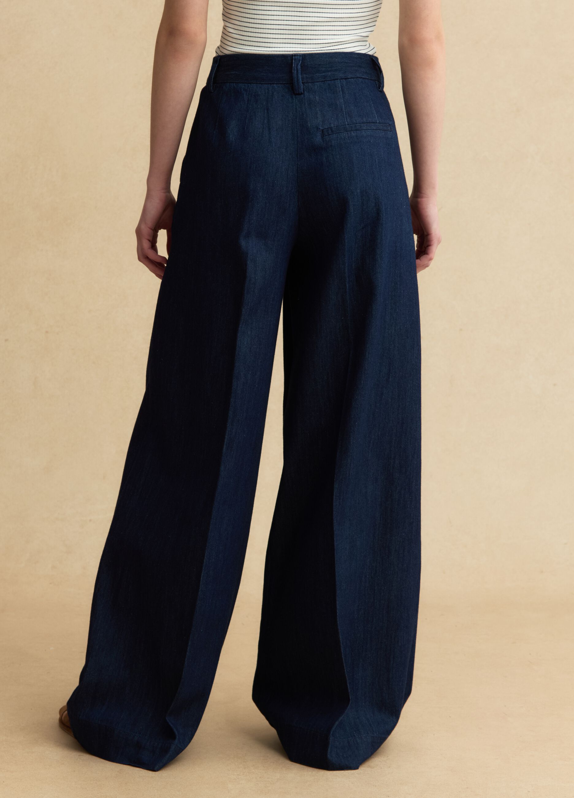 Wide-leg blue denim pure cotton trousers