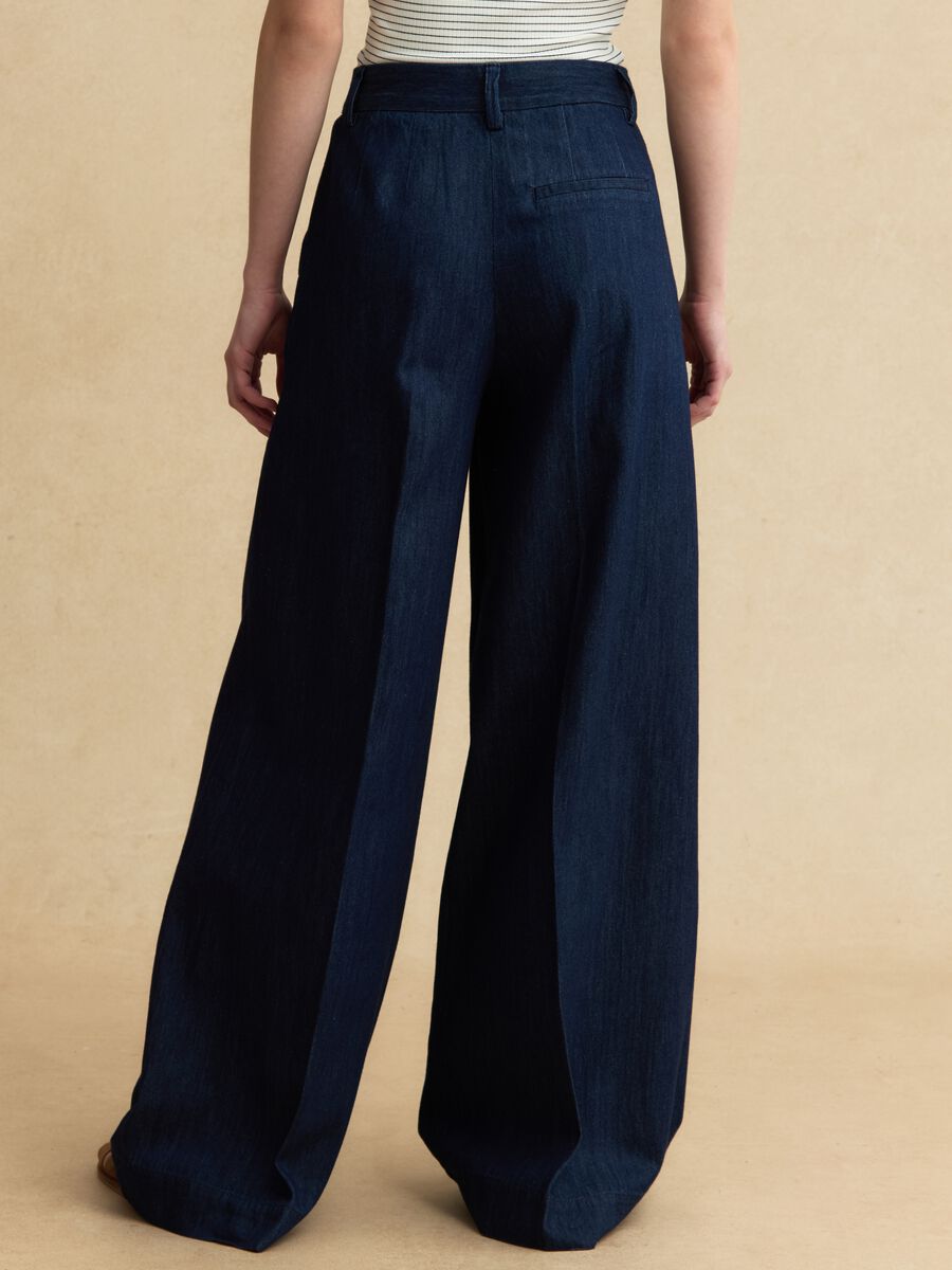 Wide-leg blue denim pure cotton trousers_2