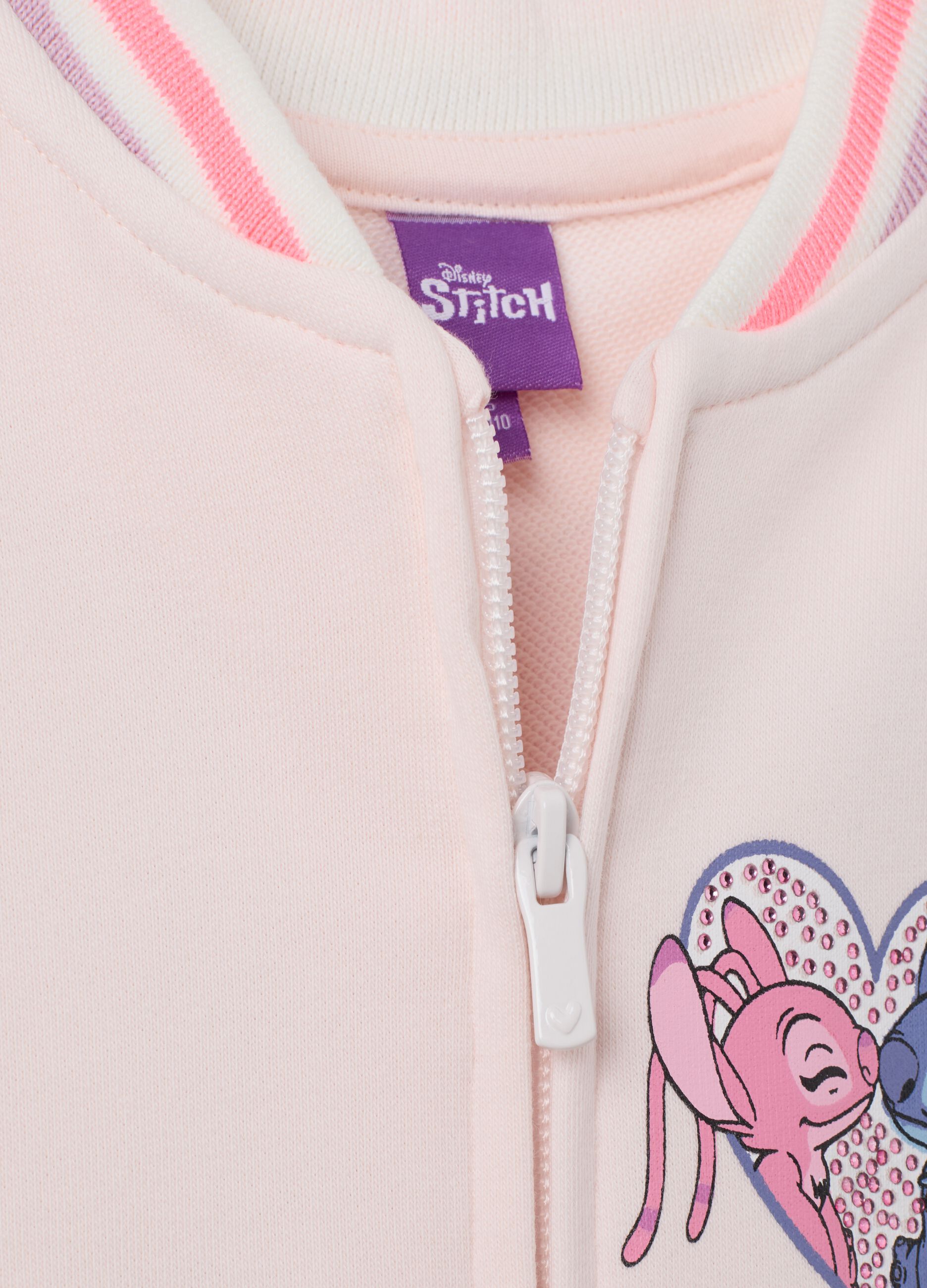 Girls' pink cotton bomber jacket regular fit with Stitch print