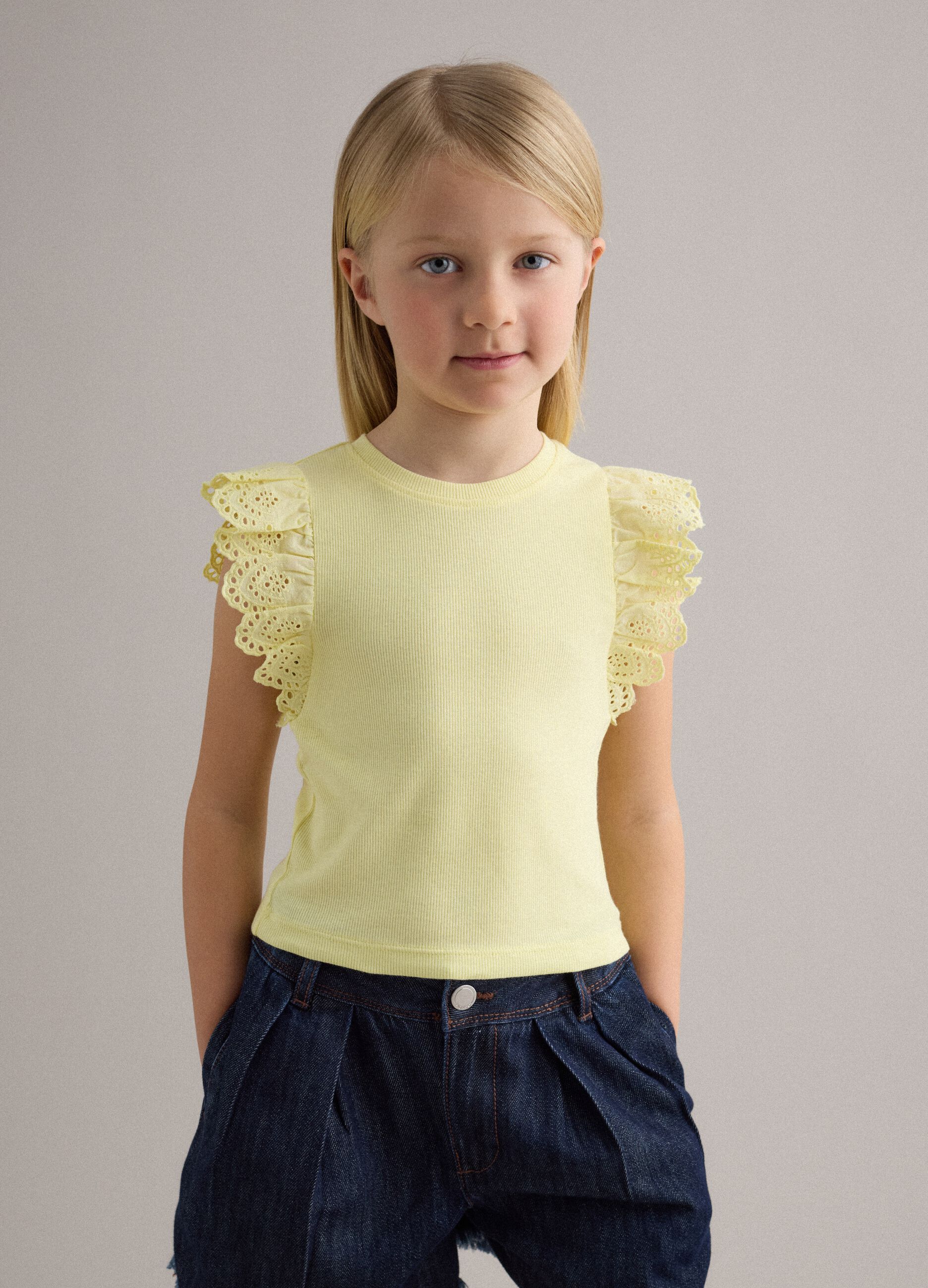 Girls&rsquo; yellow stretch-cotton vest top with ruffles