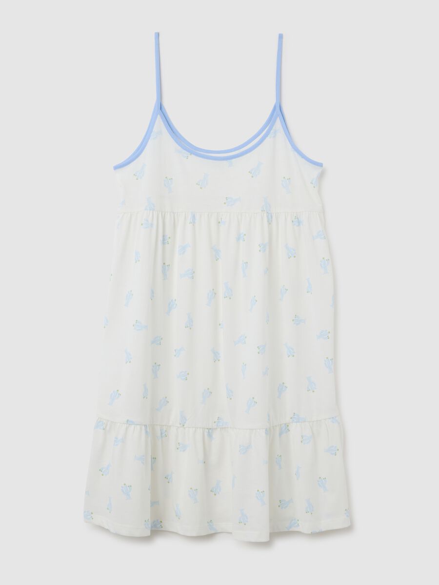 Women's White Pure Cotton Summer Dress with Blue Cactus Motif and Ruffle Hem_0