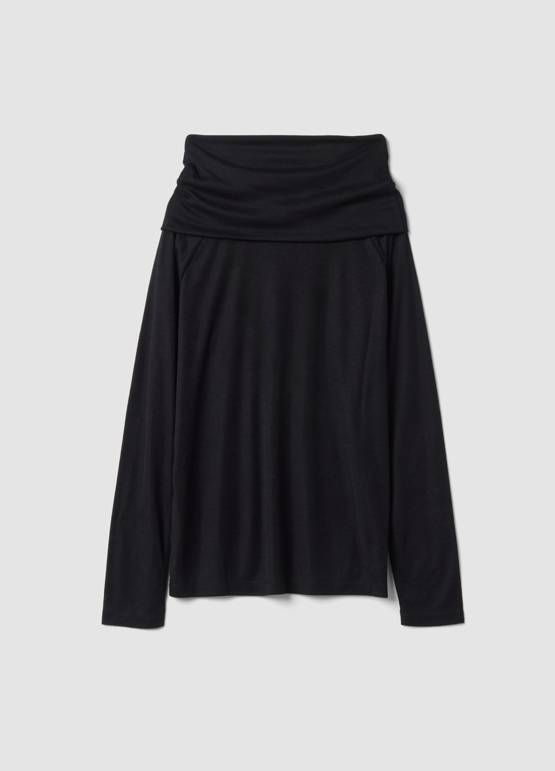 Black viscose-blend top with shawl collar, regular fit