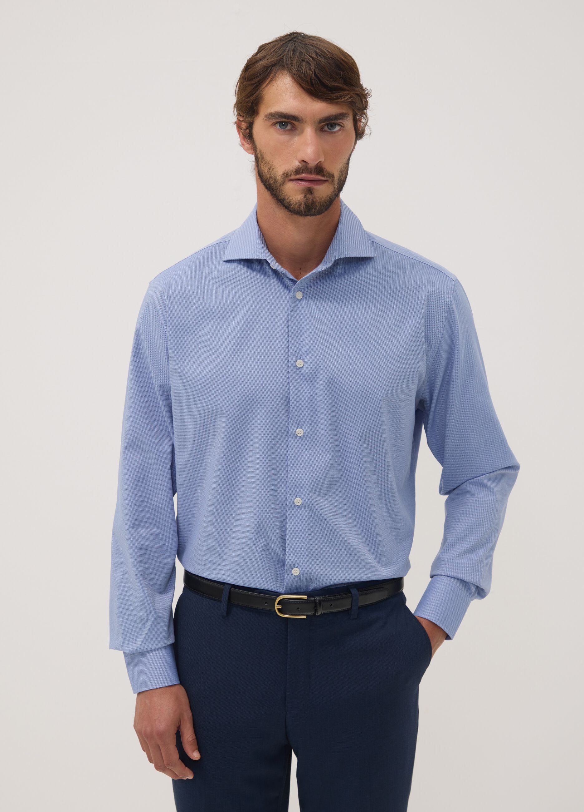 Air force blue lyocell-blend regular fit easy-iron shirt
