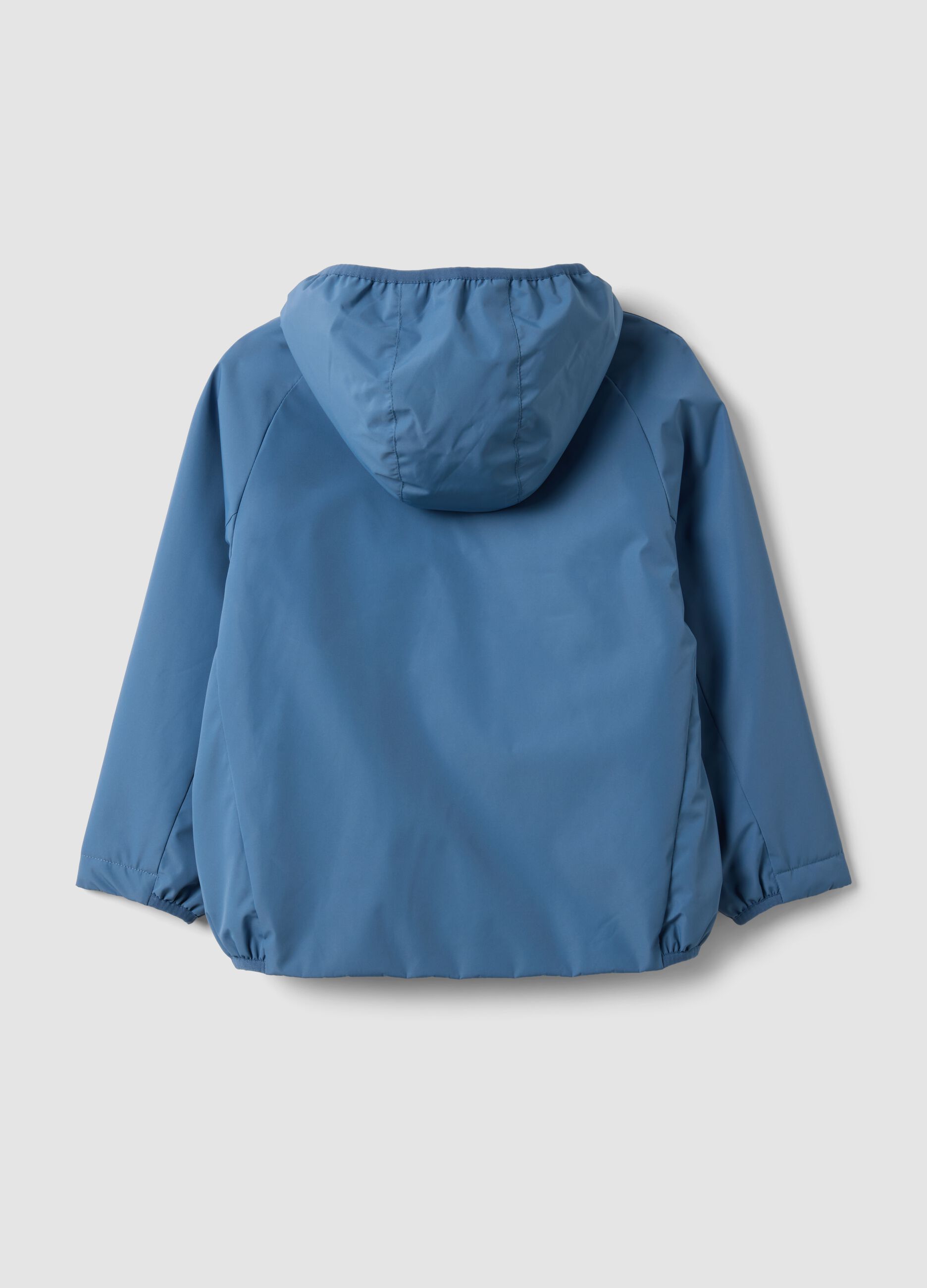 Blue kids&rsquo; rain jacket with hood and zip