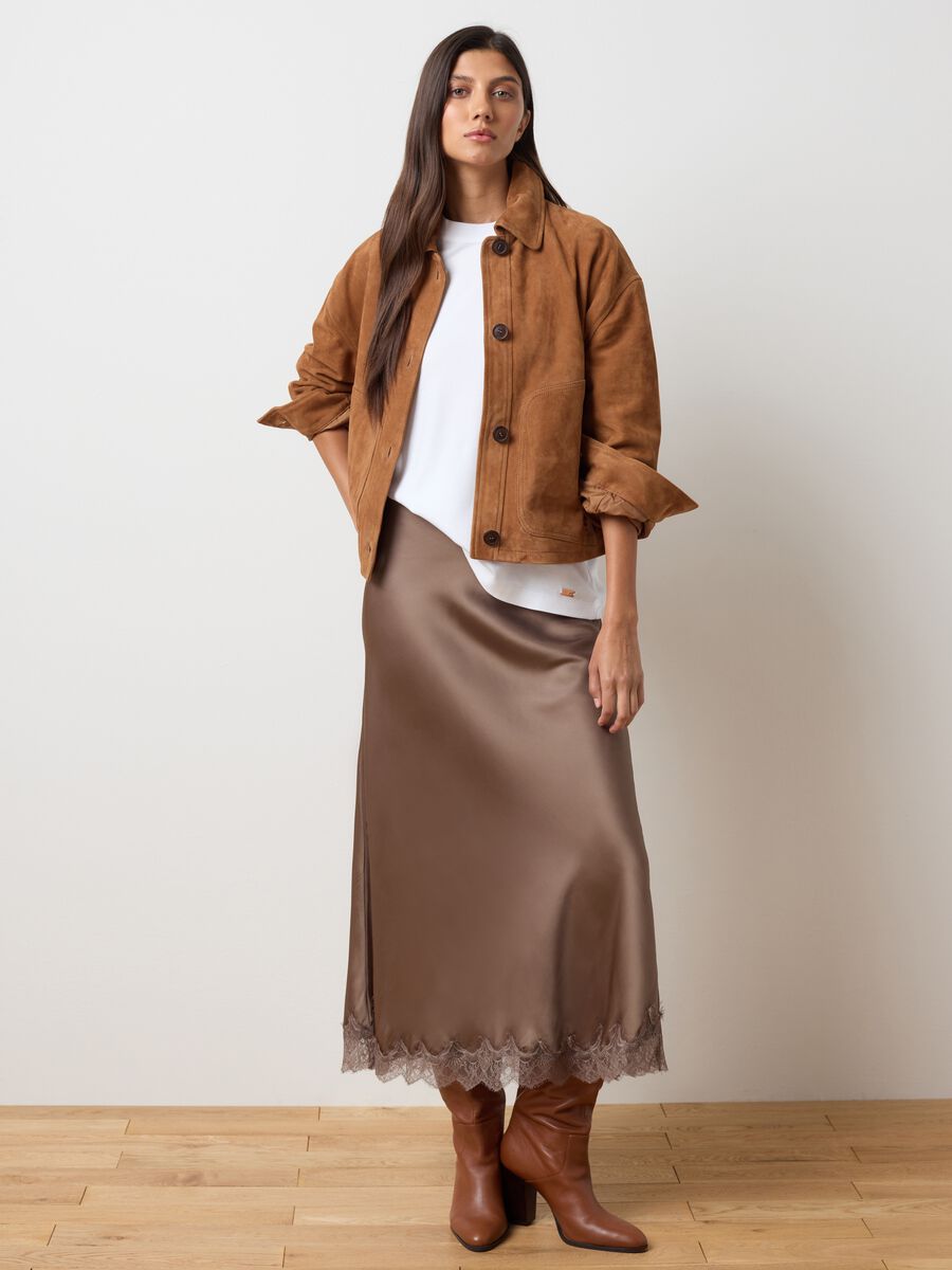 Brown satin skirt with lace and regular fit_0