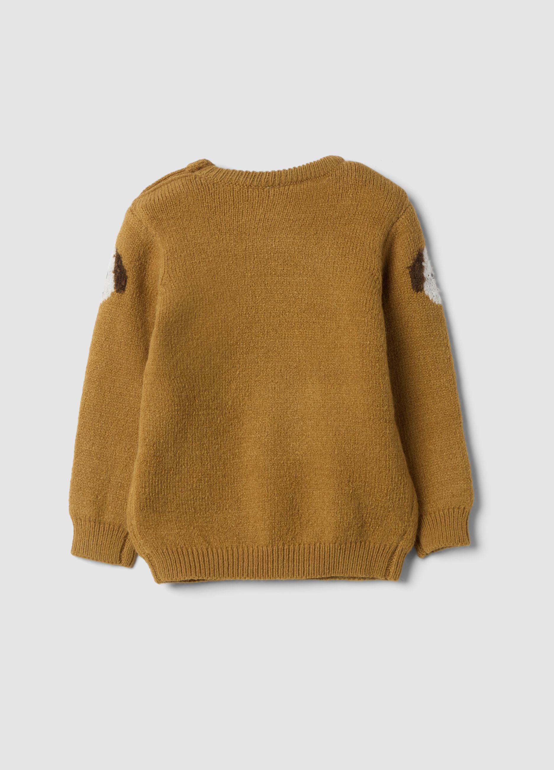 Maglione marrone girocollo jacquard con cagnolini
