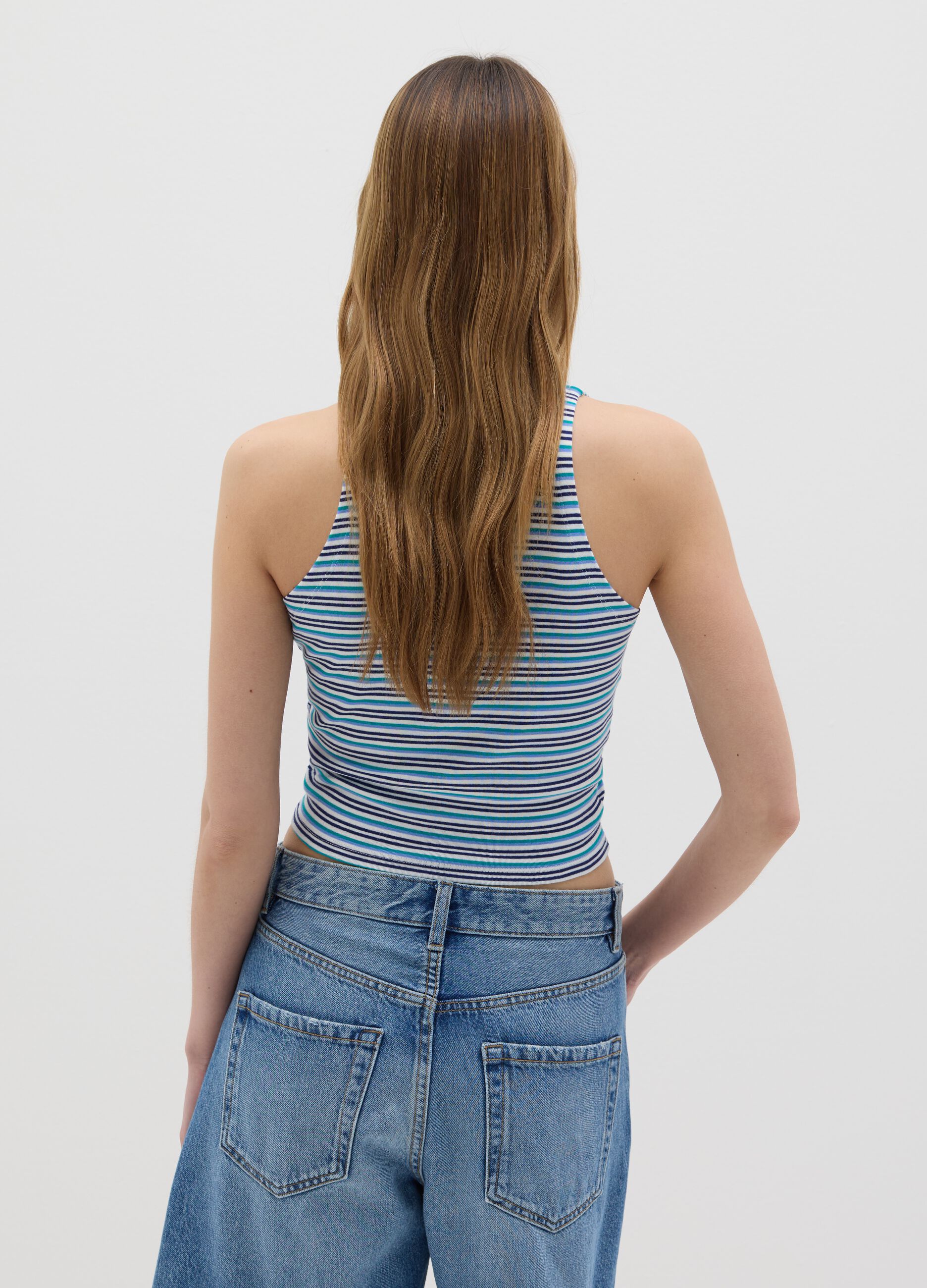 Sleeveless Polo with Multicolour Stripes in Stretch Cotton