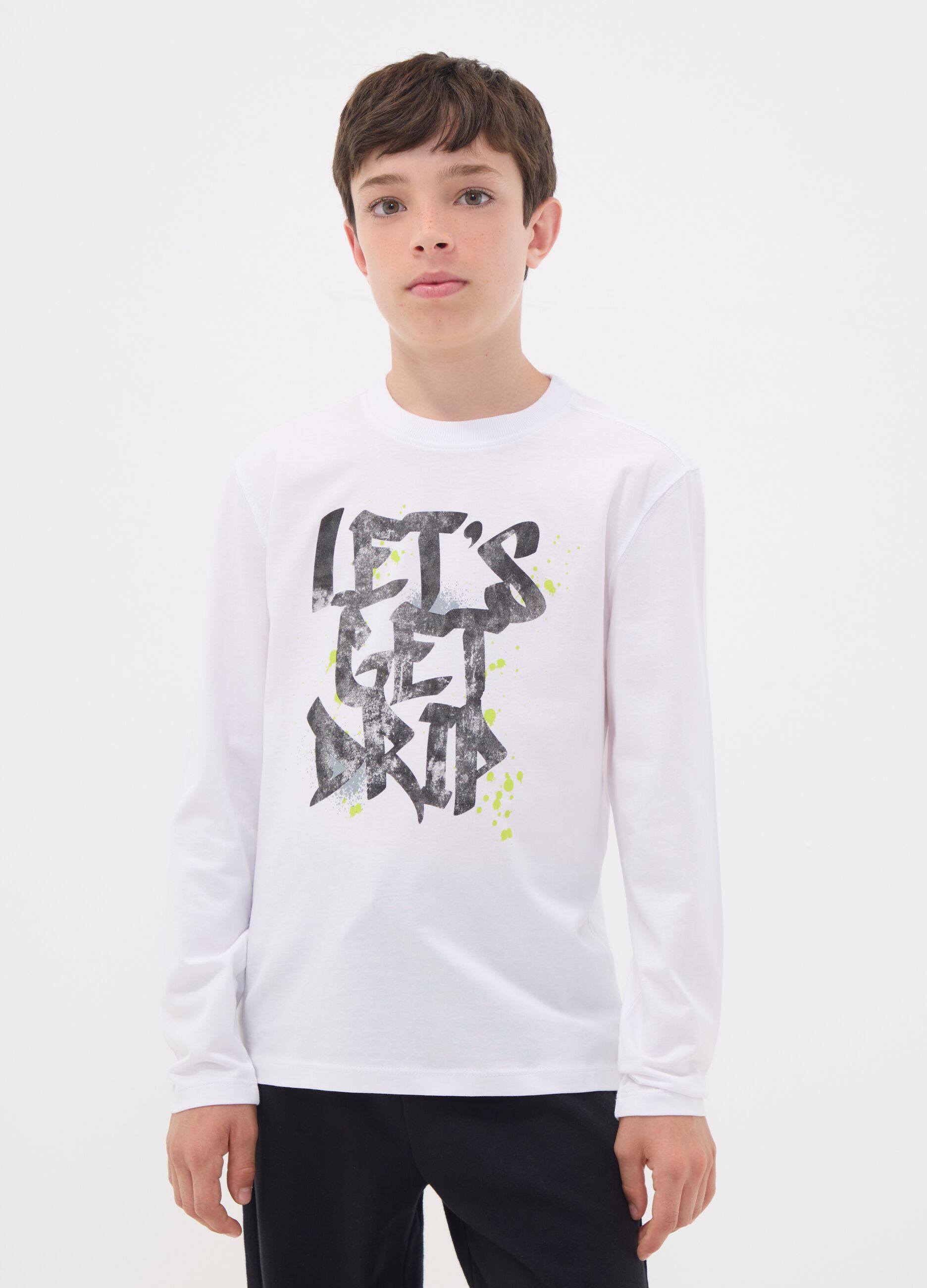 White organic cotton T-shirt with &ldquo;Let&rsquo;s get drip&rdquo; slogan for boys