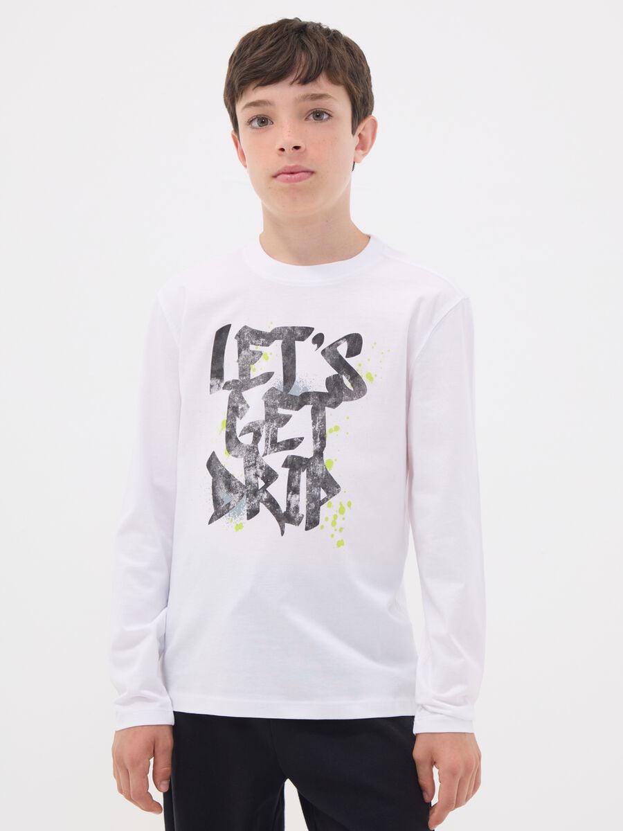 White organic cotton T-shirt with &ldquo;Let&rsquo;s get drip&rdquo; slogan for boys_1