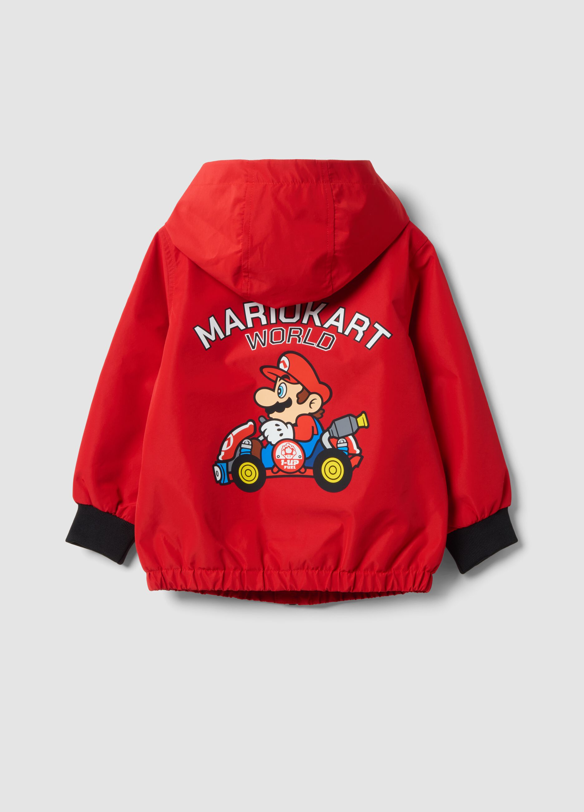 Red rain jacket with hood and zip, Mario Kart print