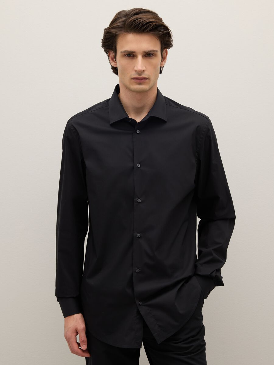 Slim fit black stretch cotton shirt_0