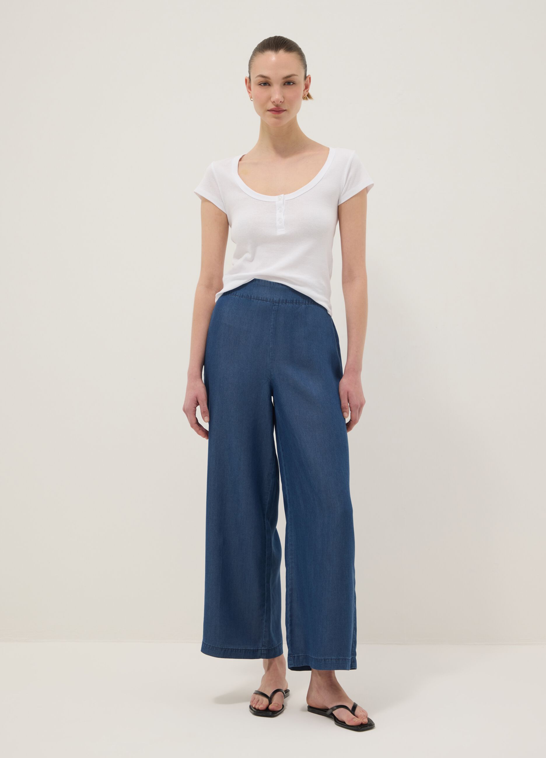 Dark blue pure lyocell palazzo trousers with elasticated waist and wide leg