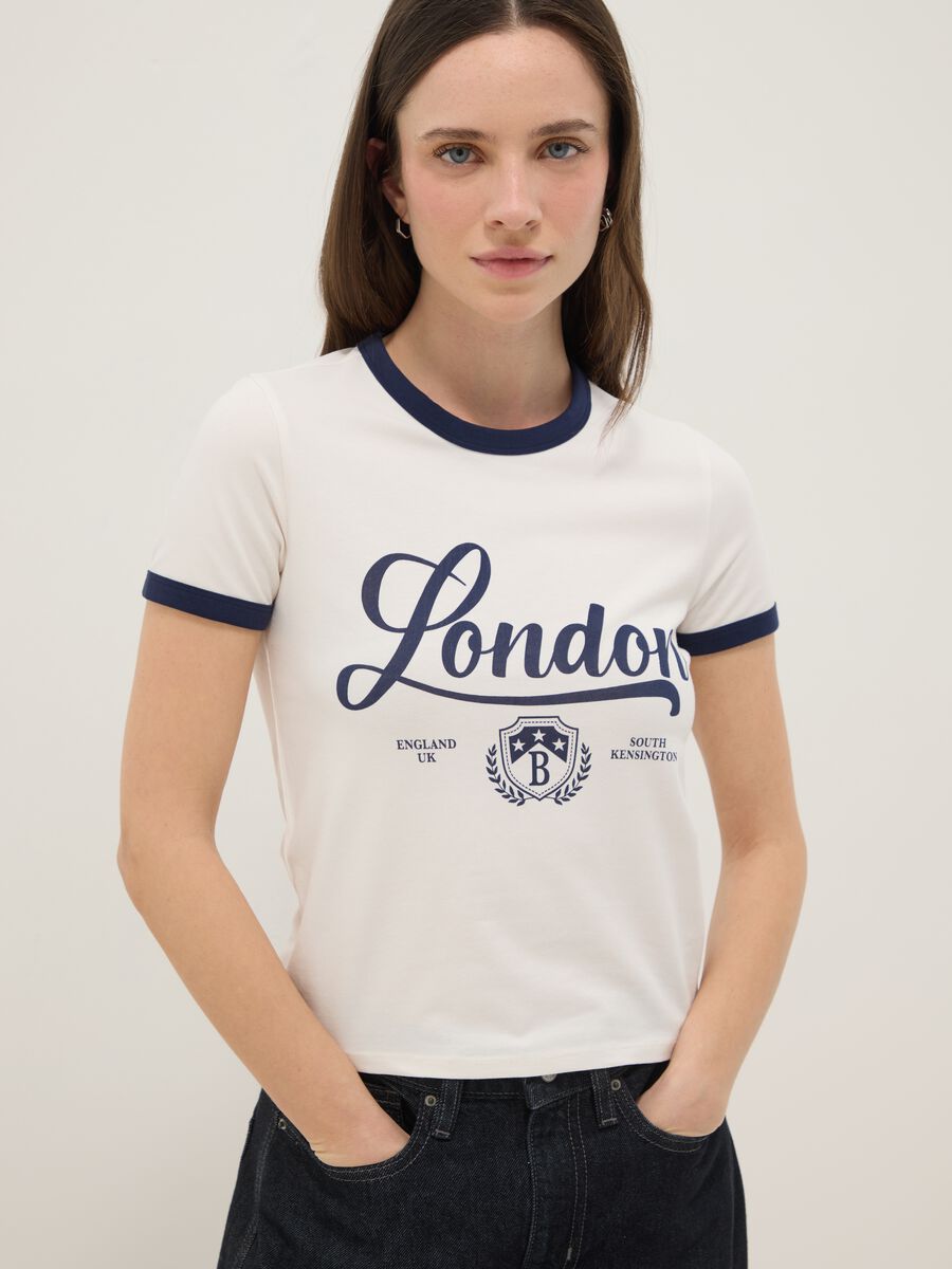 White stretch cotton T-shirt regular fit with blue print_0