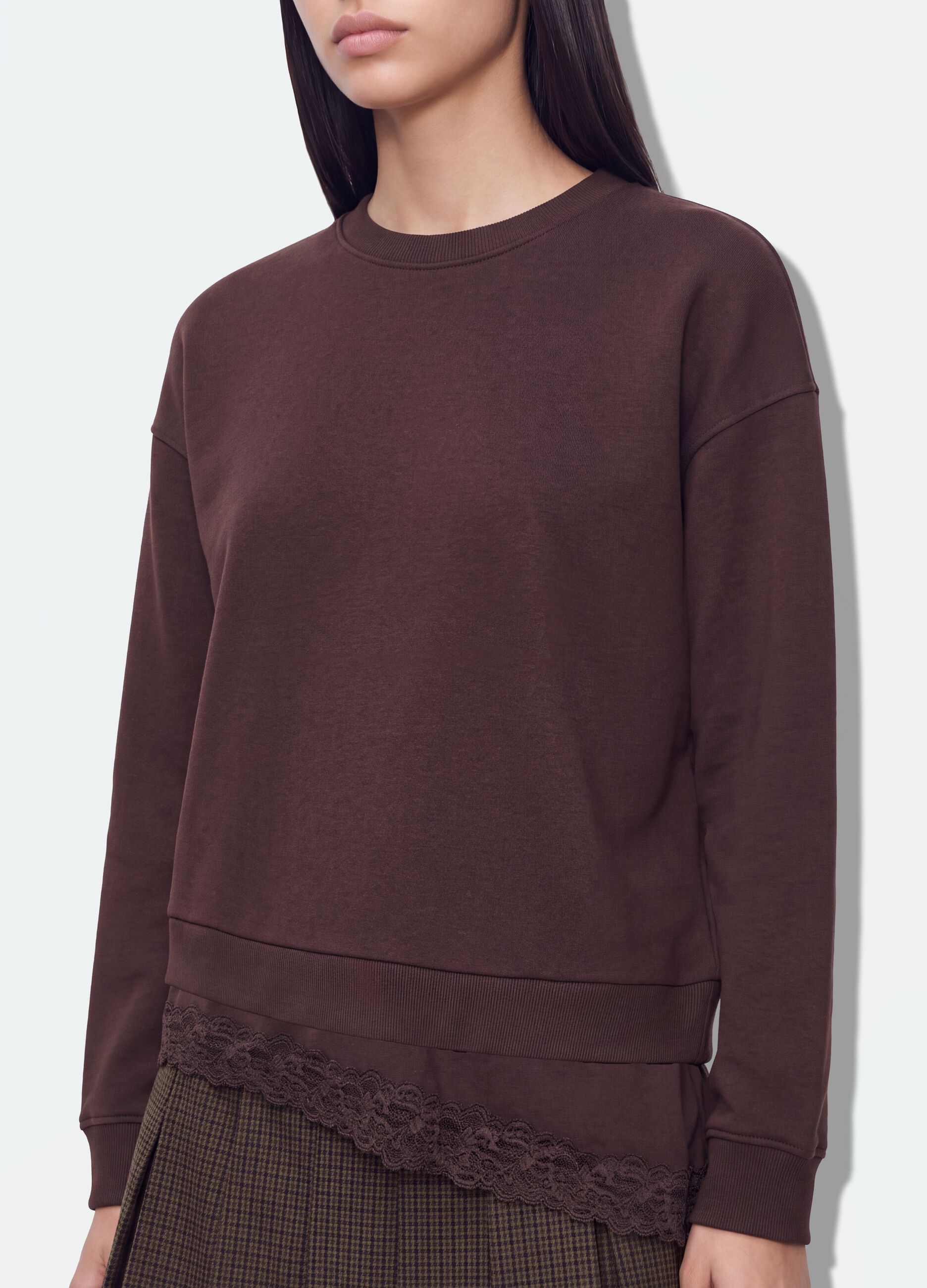 Brown cotton-blend crew-neck sweatshirt with lace detail