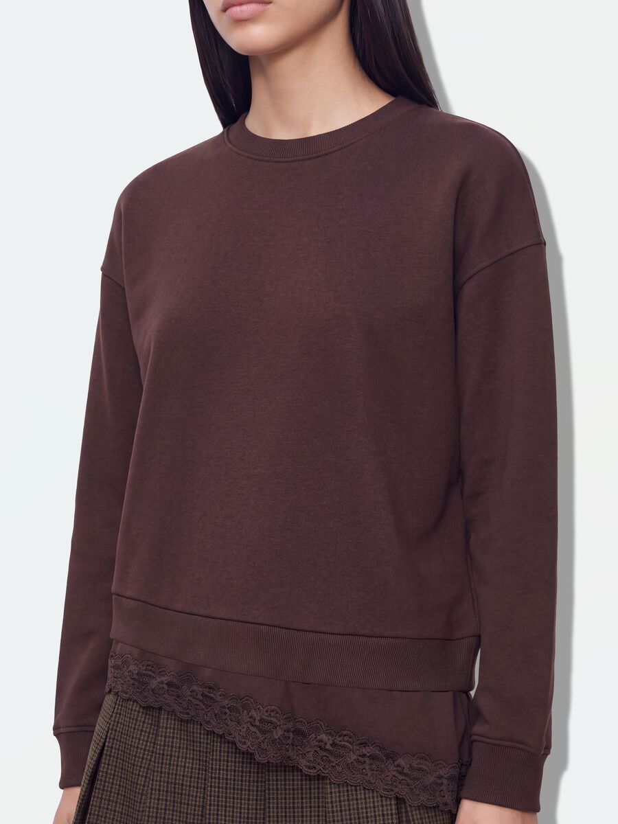 Brown cotton-blend crew-neck sweatshirt with lace detail_2