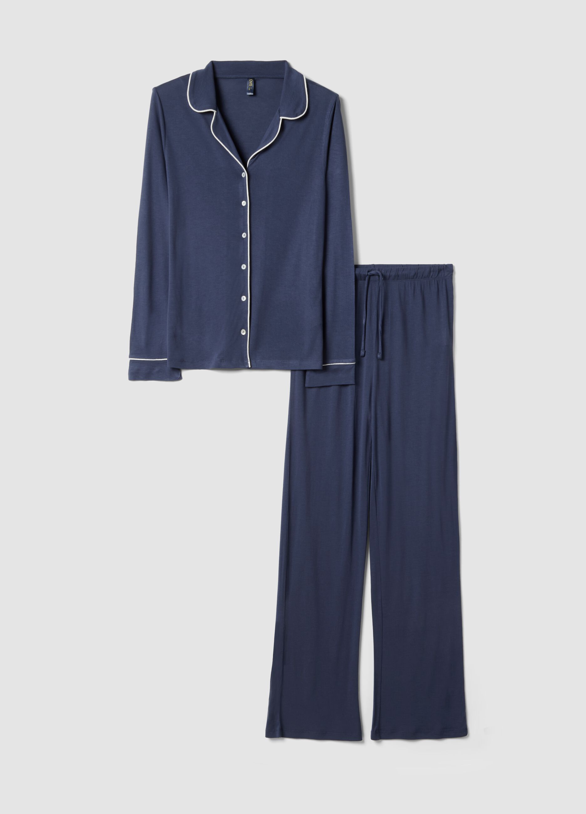 Regular fit blue viscose pyjamas with V-neck