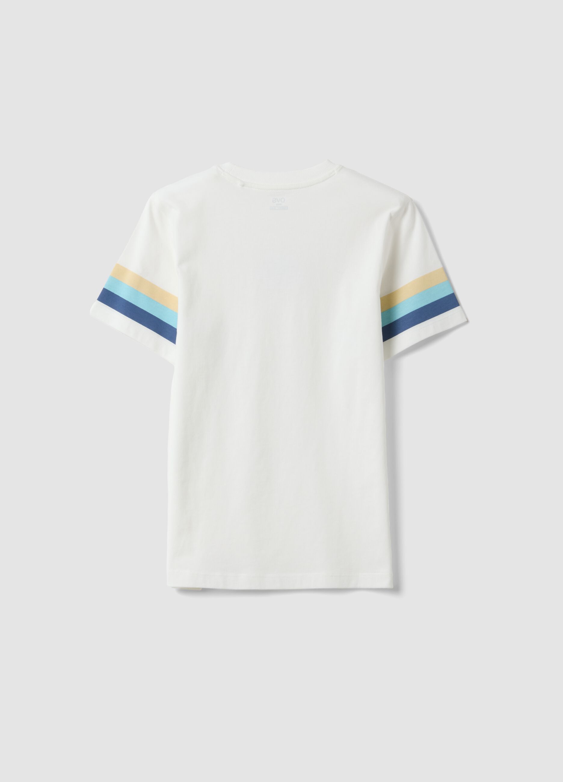Boys&rsquo; white pure cotton T-shirt with striped sleeves