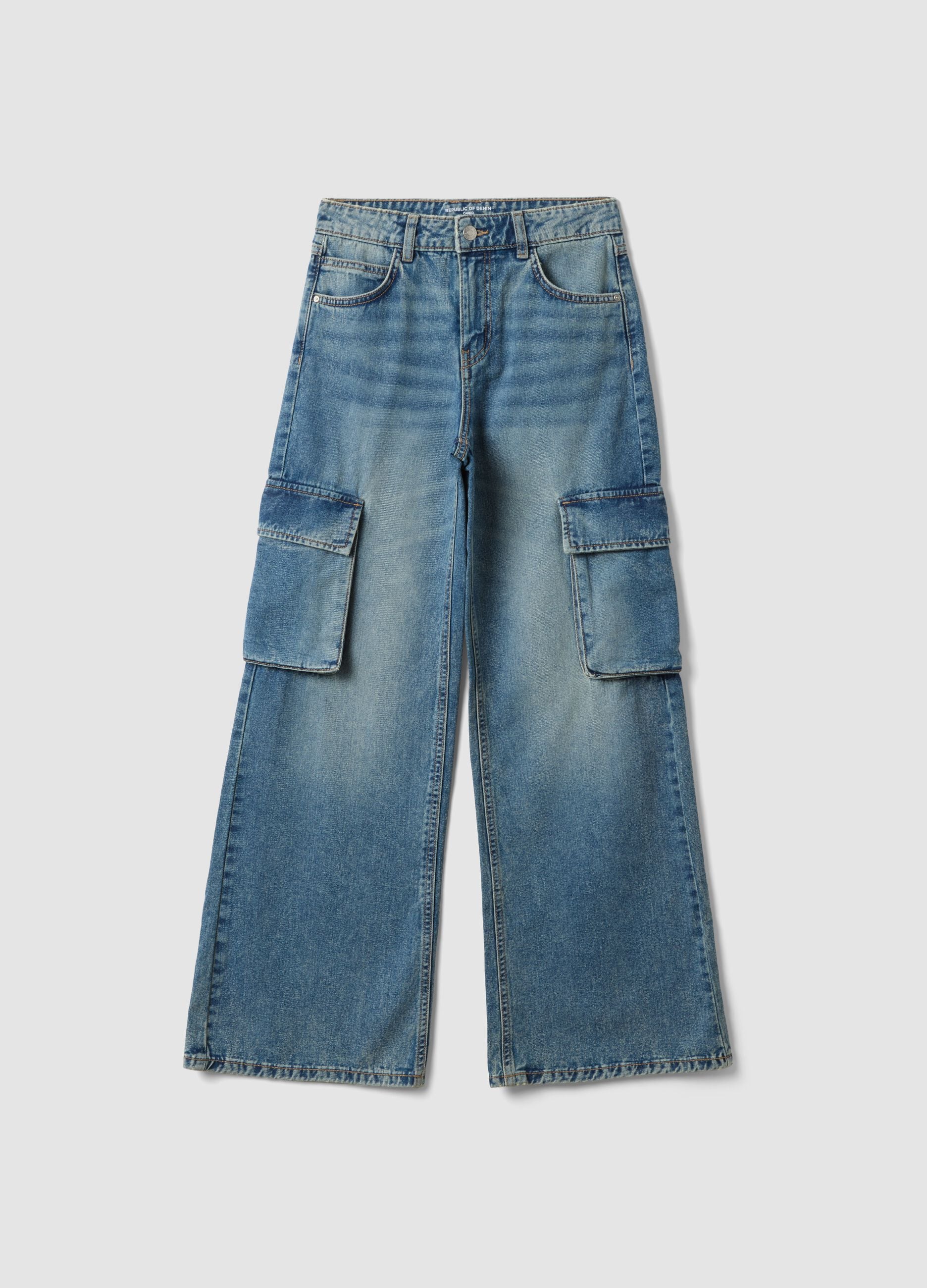 Blue pure cotton denim cargo jeans, relaxed fit for girls