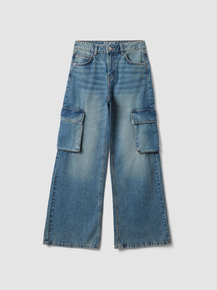 Jeans cargo denim in puro cotone blu relaxed fit per ragazza_0