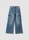 Blue pure cotton denim cargo jeans, relaxed fit for girls_0