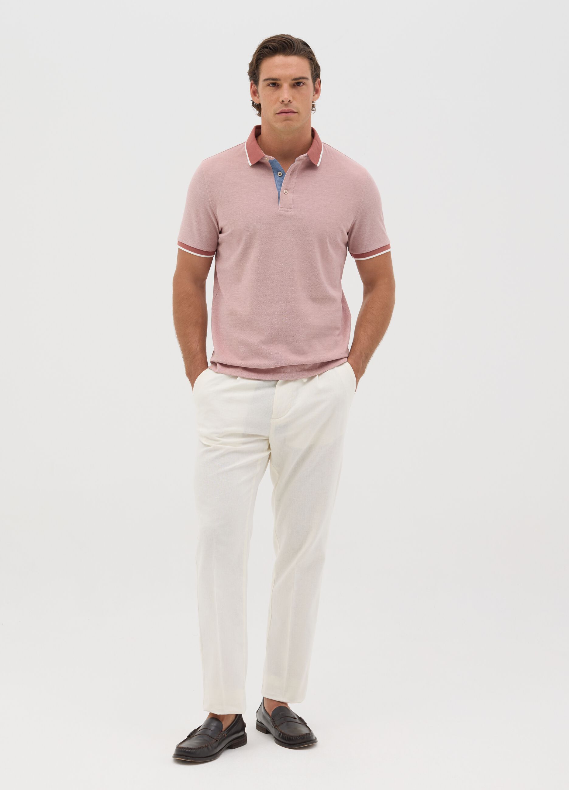 Pink polo shirt with short sleeves in cotton piquet