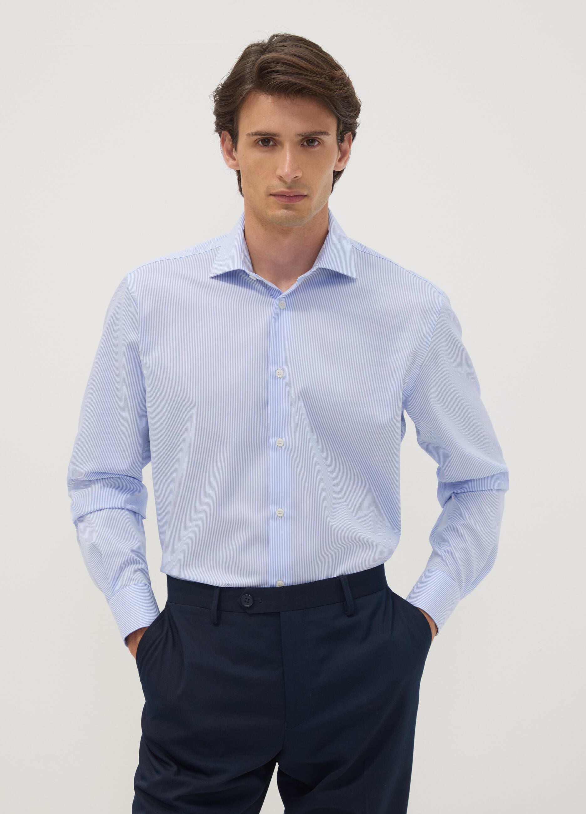 Light blue striped pure cotton shirt with classic collar, regular fit