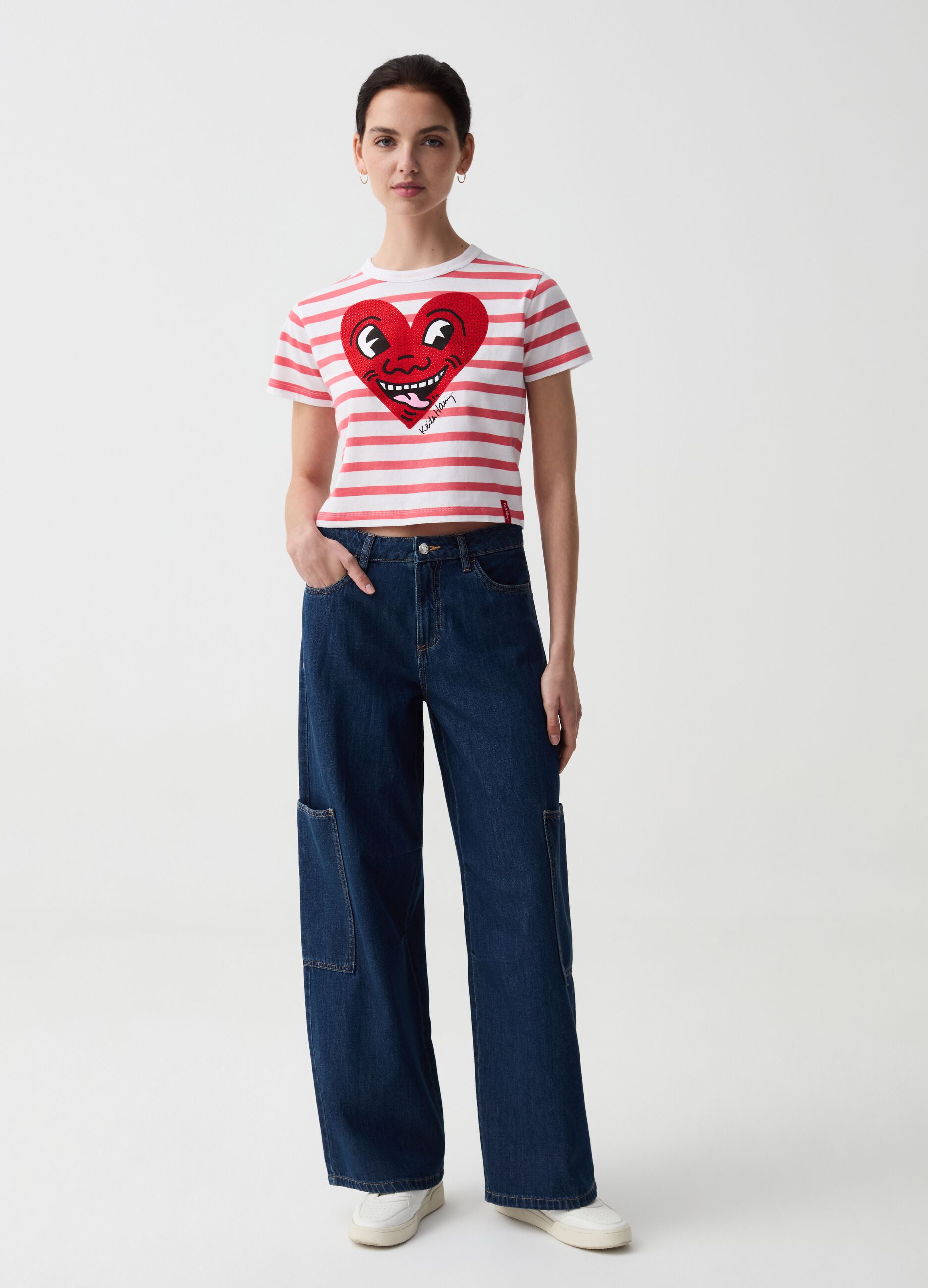 Ovs T-shirt a righe stampa cuore Keith Haring