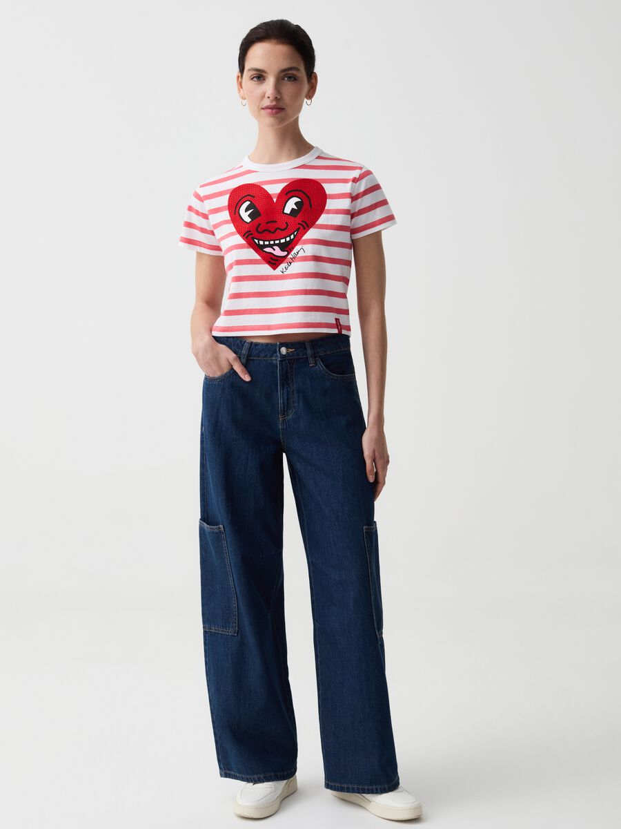 Striped T-shirt with Keith Haring heart print_0