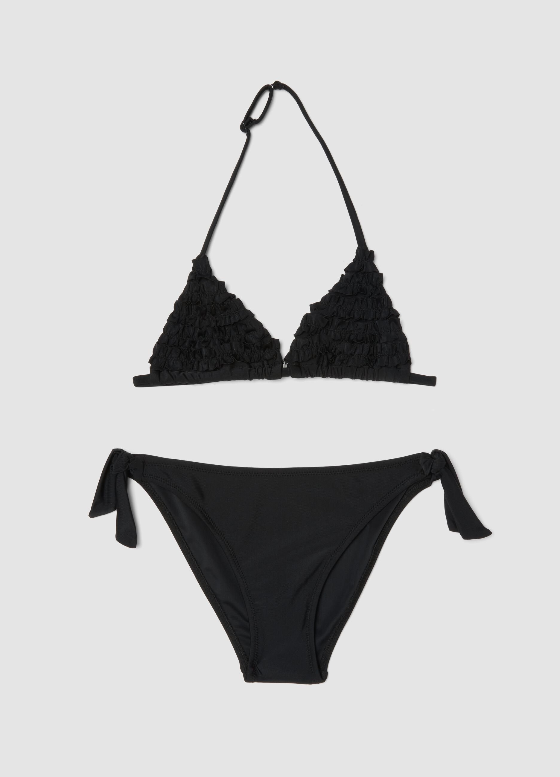 Black triangle bikini in stretch fabric with frills