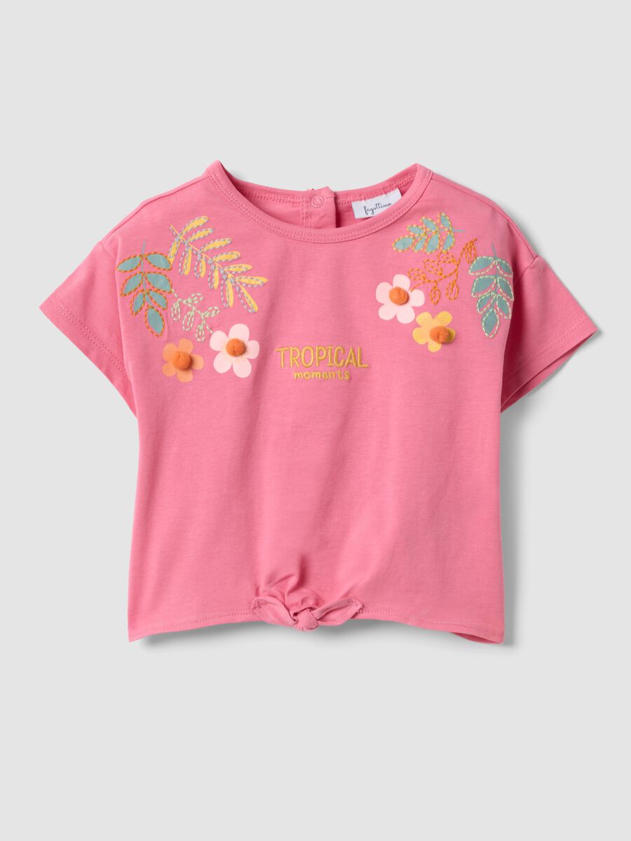 Pink short-sleeve stretch cotton T-shirt with floral print for baby girl, regular fit_0