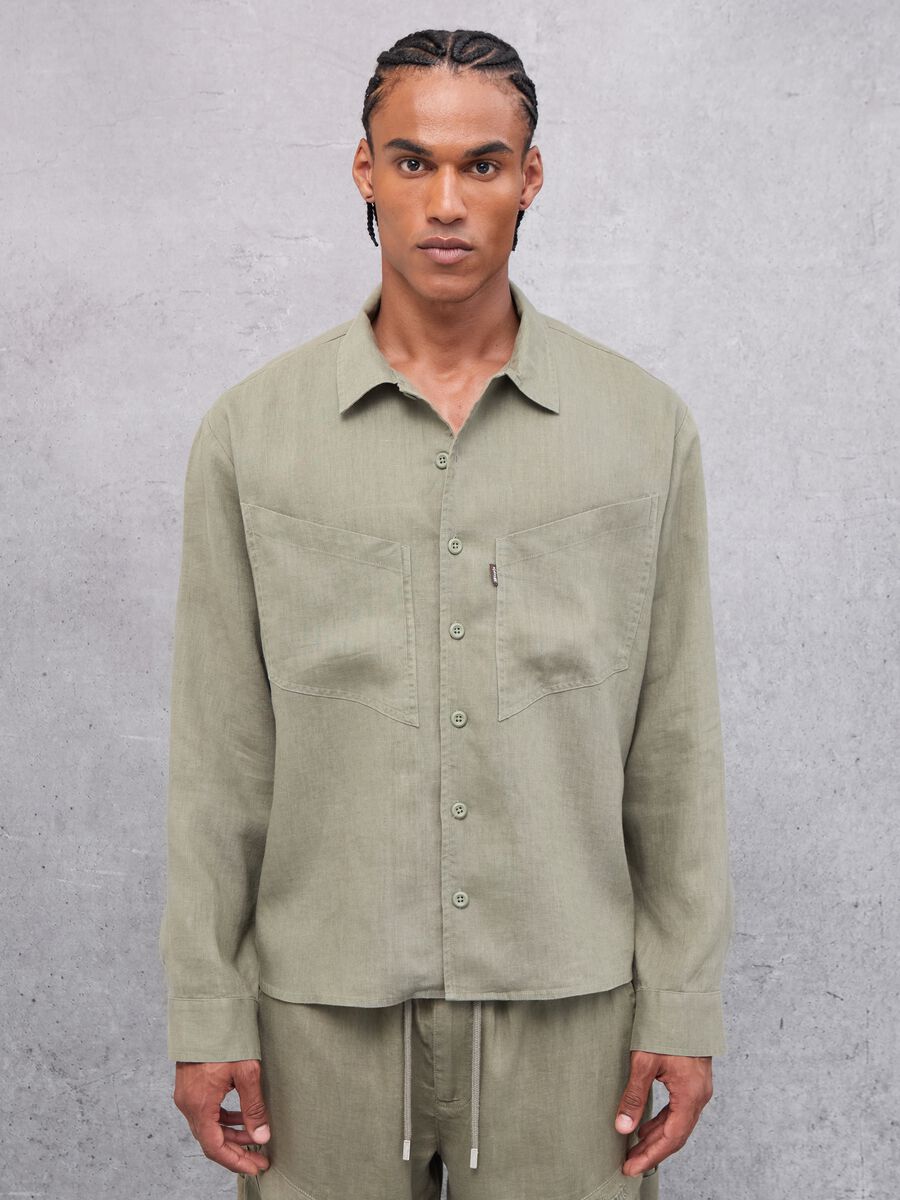 100% Linen Cargo Shirt Military Green_1