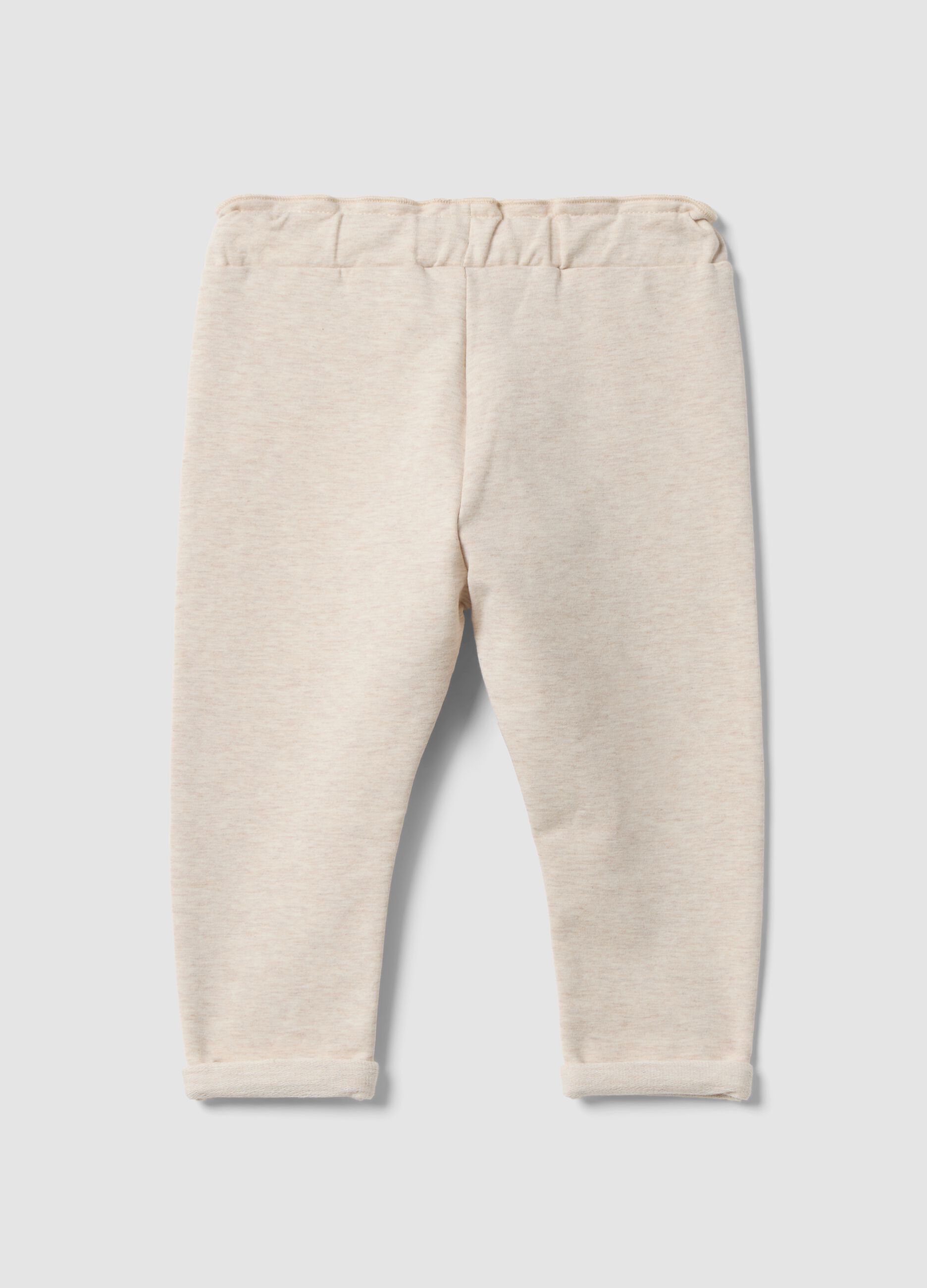 Beige stretch cotton joggers with turn-up cuff for baby girl
