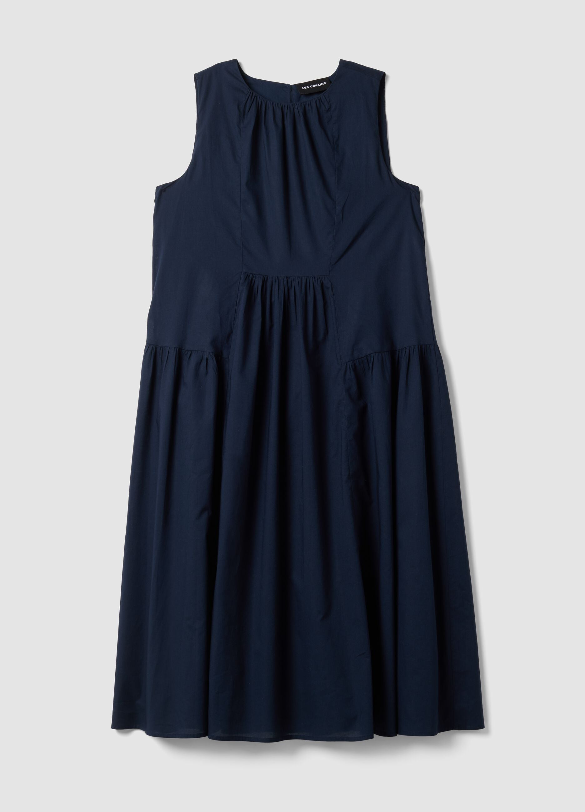 Blue pure cotton midi dress, regular fit with ruching