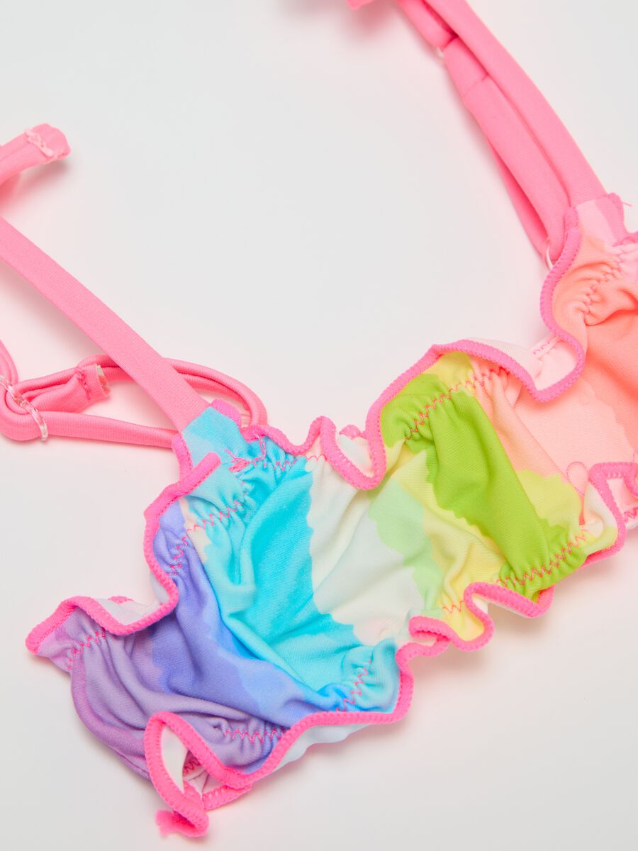 Girls’ bikini in multicoloured stretch fabric with flounces_2