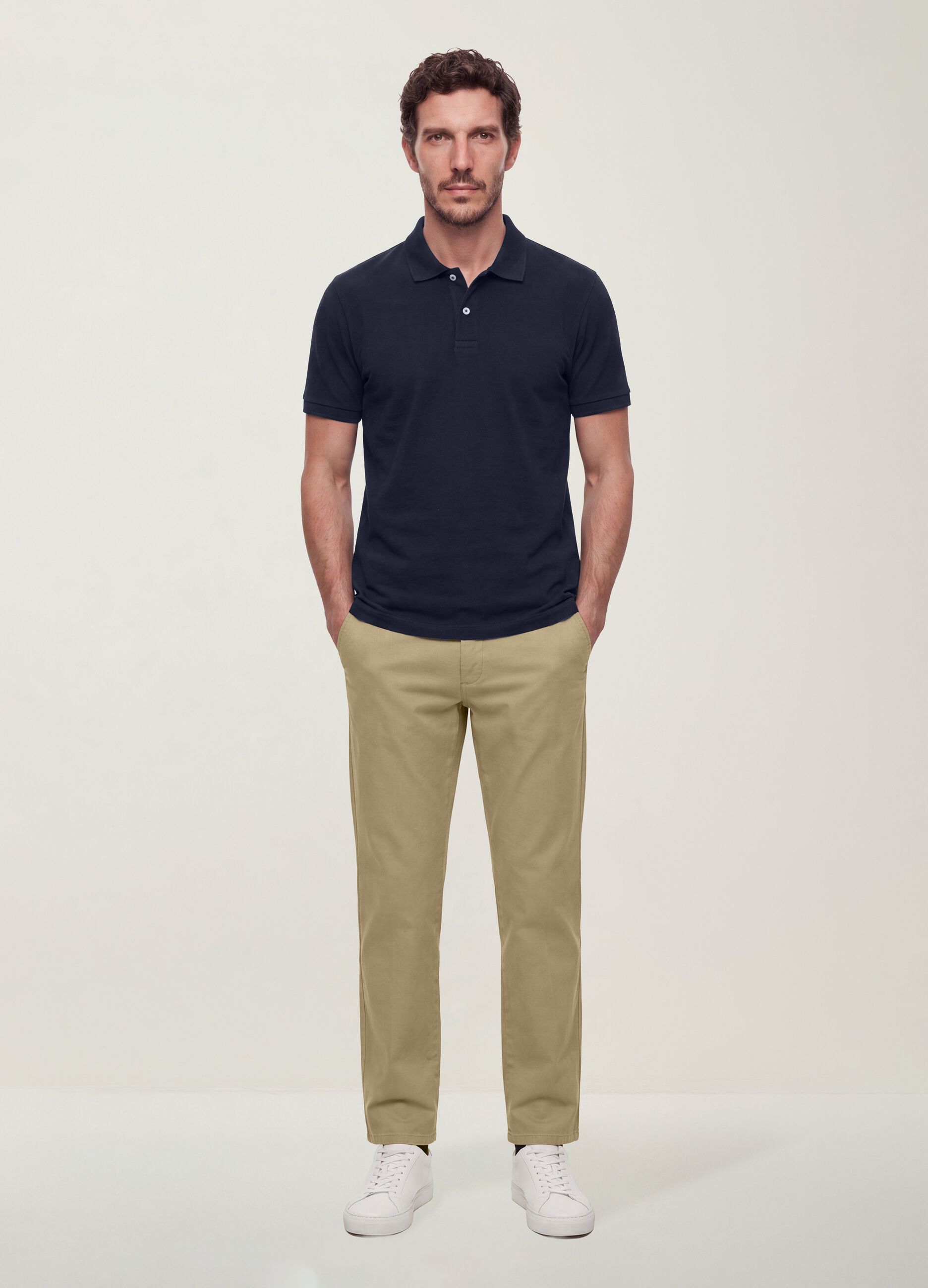 Blue pure cotton piqu&eacute; polo shirt with classic collar and regular fit