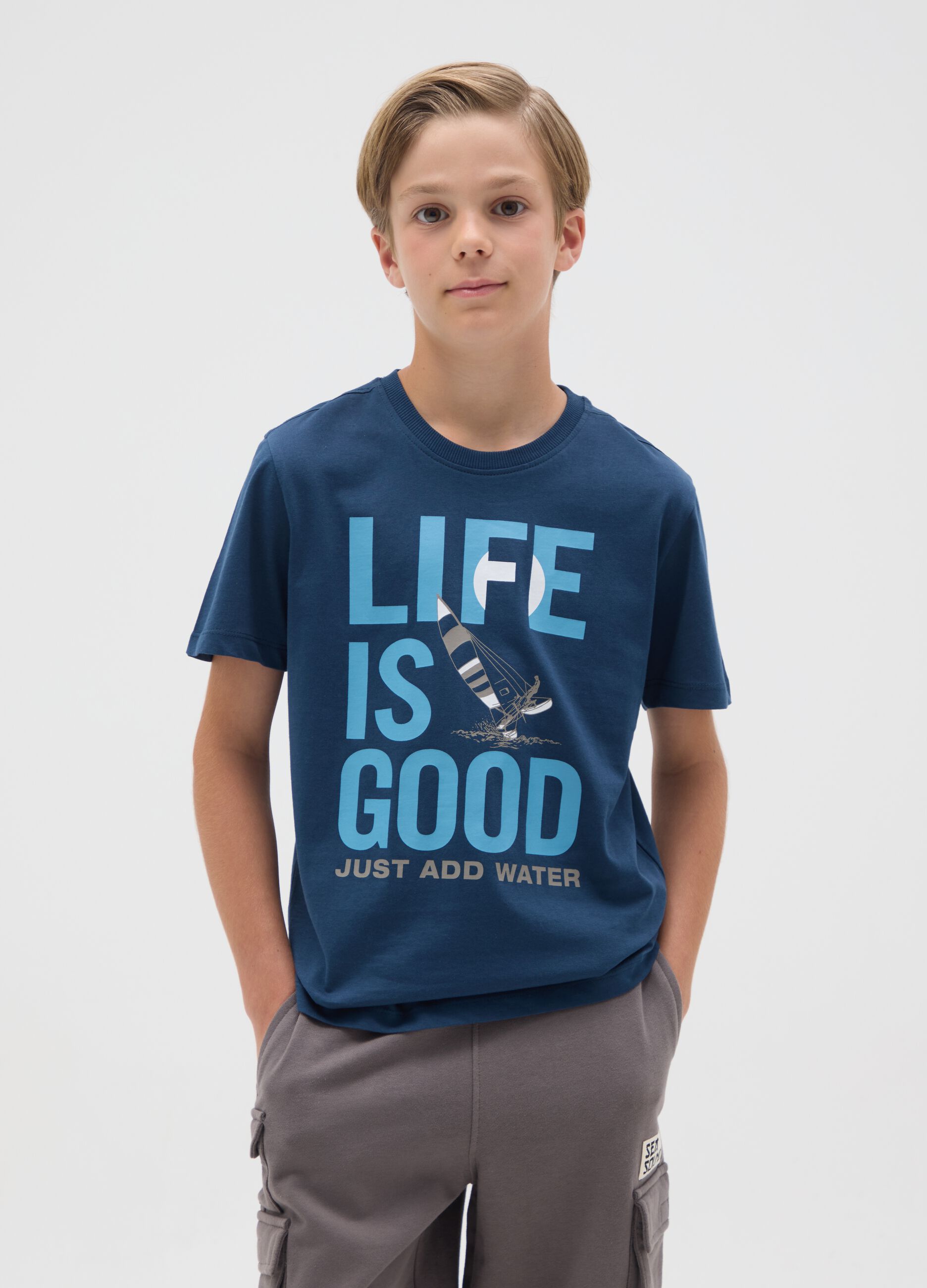 Boys' blue pure cotton regular fit T-shirt with print