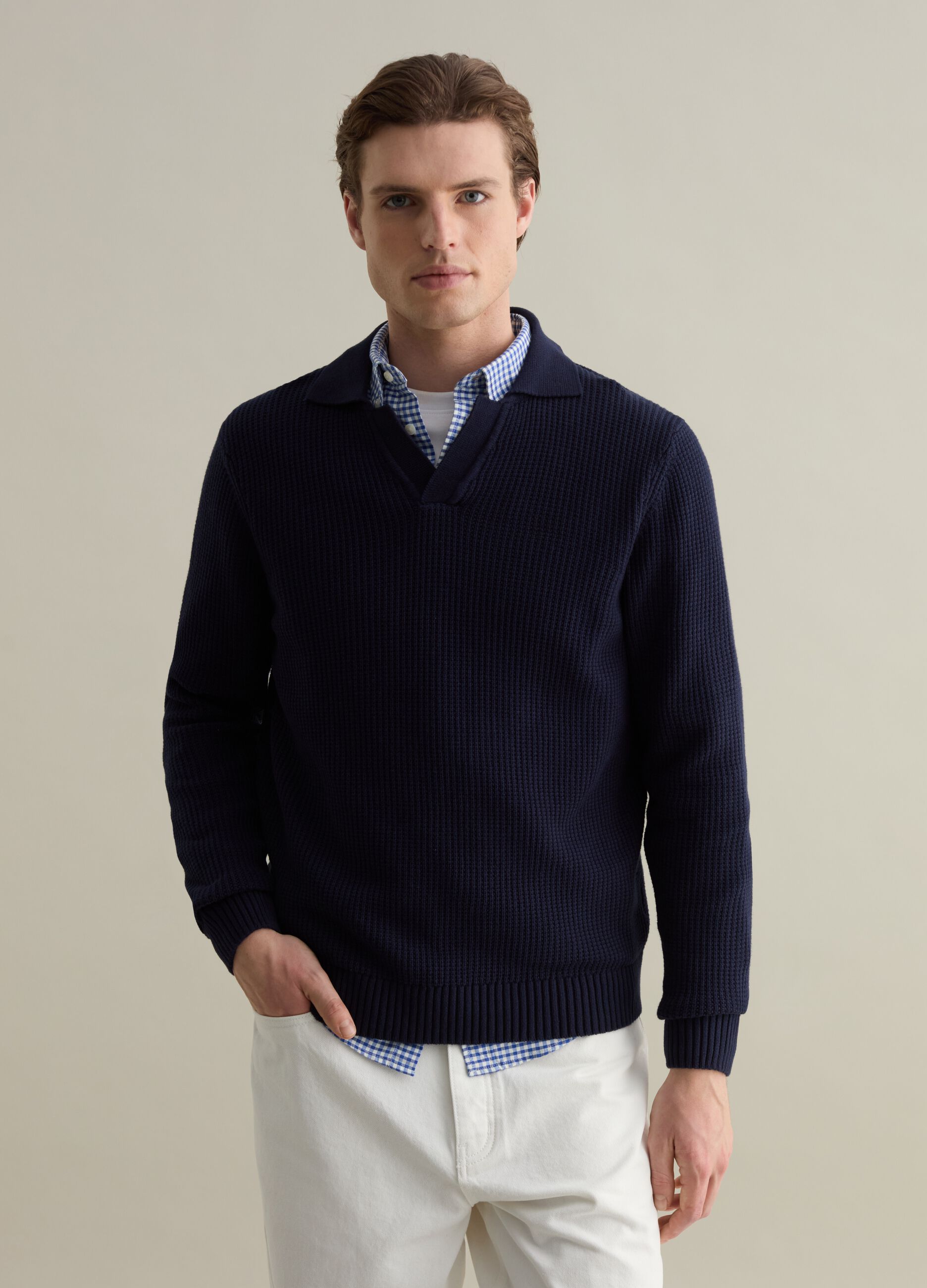 Pullover con scollo a polo micro trama waffle