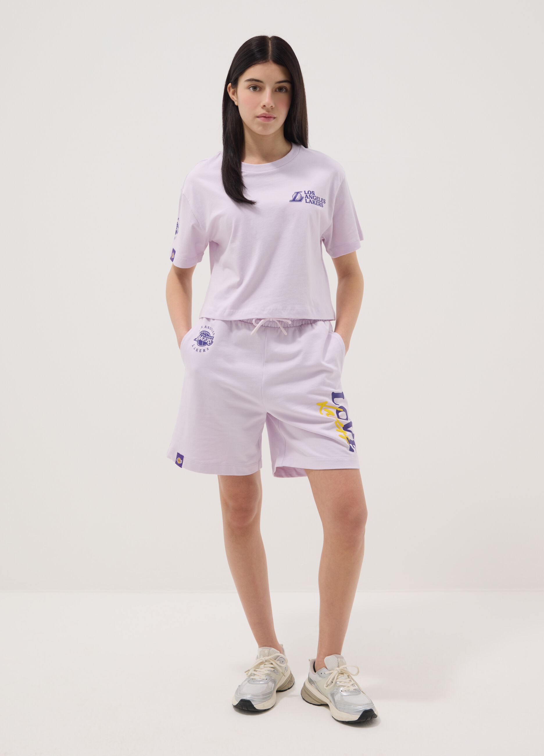Short in puro cotone viola da ragazza comfort fit con stampe Lakers
