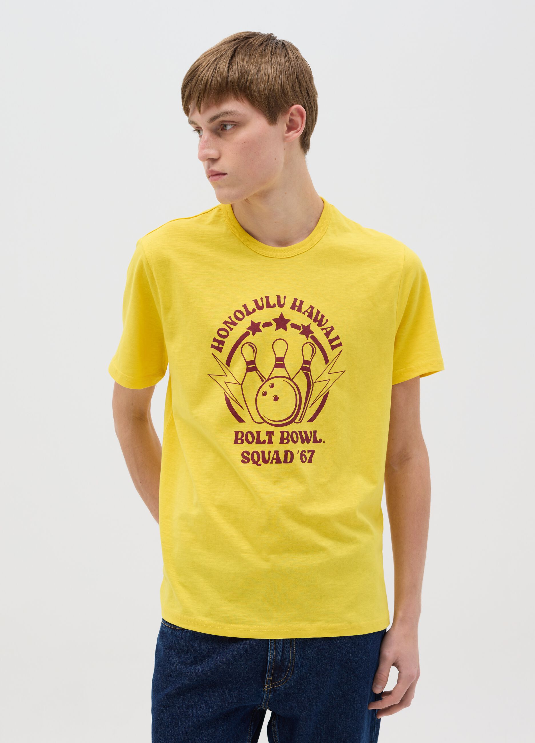 Cotton T-shirt with bowling motif print